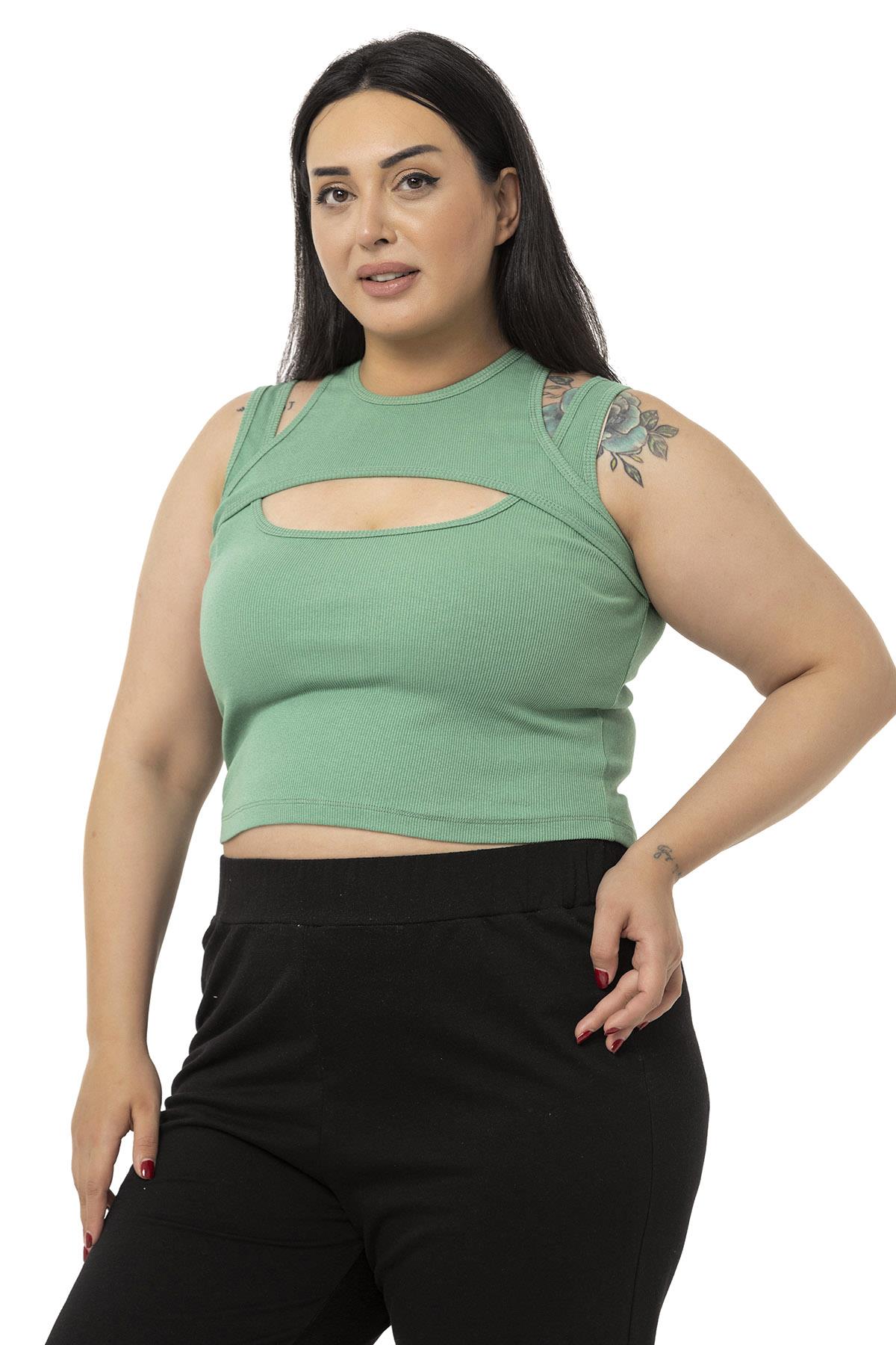 Büyük Beden Göğüs Dekolteli Fitilli Kaşkorse Yeşil Body