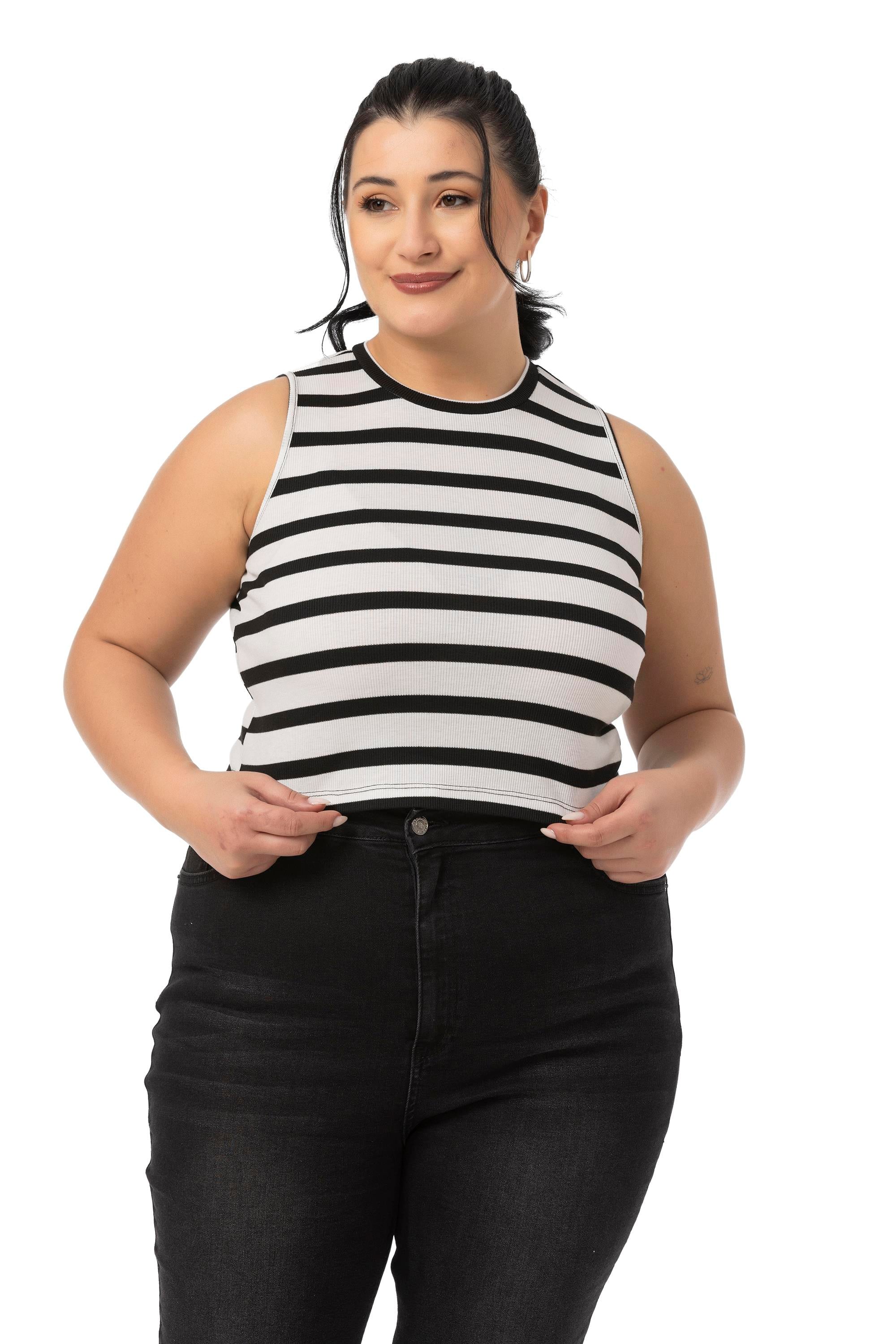 Büyük Beden Kalın Çizgili Kısa Beyaz Siyah Body