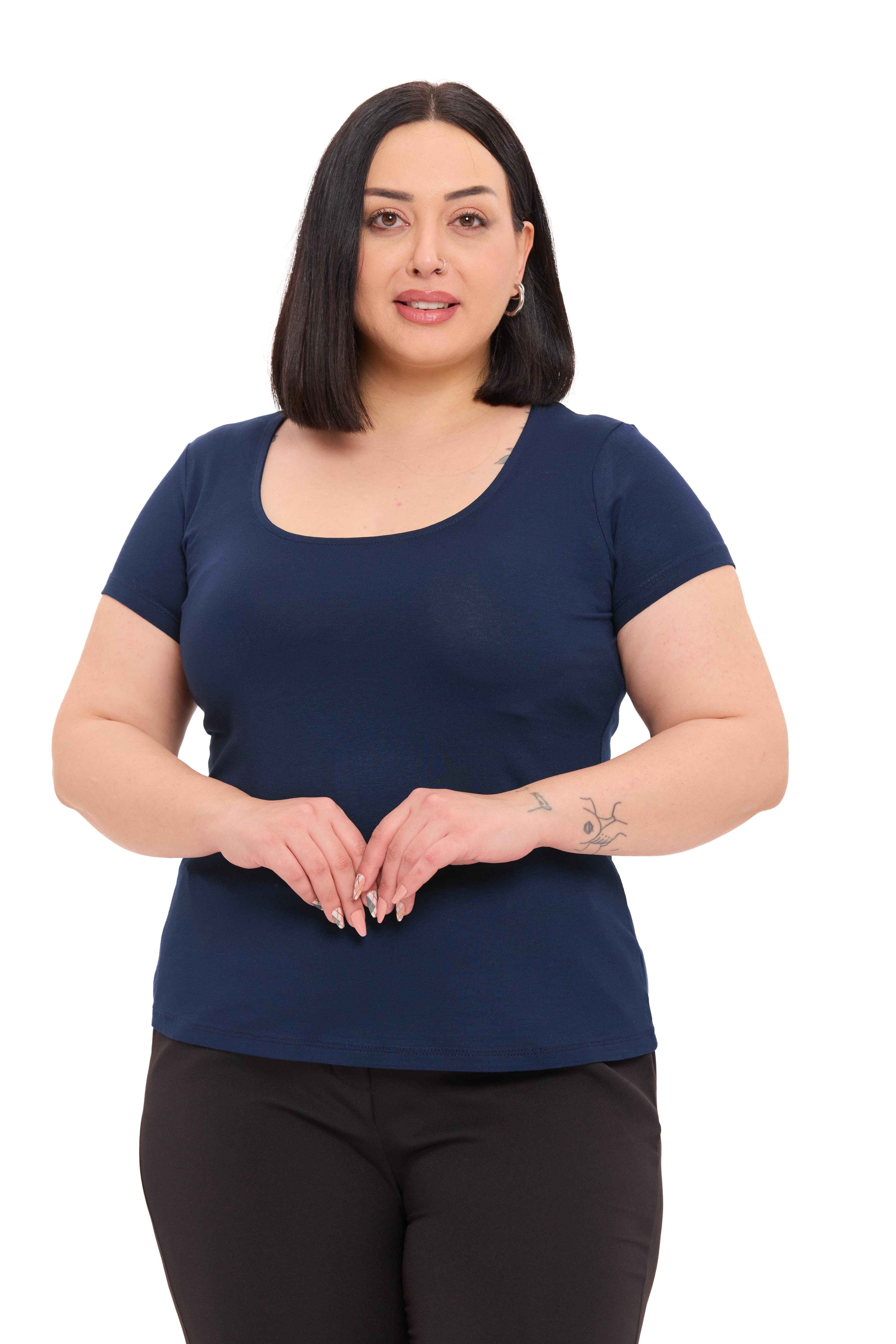 Büyük Beden U Yaka Kısa Kollu Viskon Lacivert Body