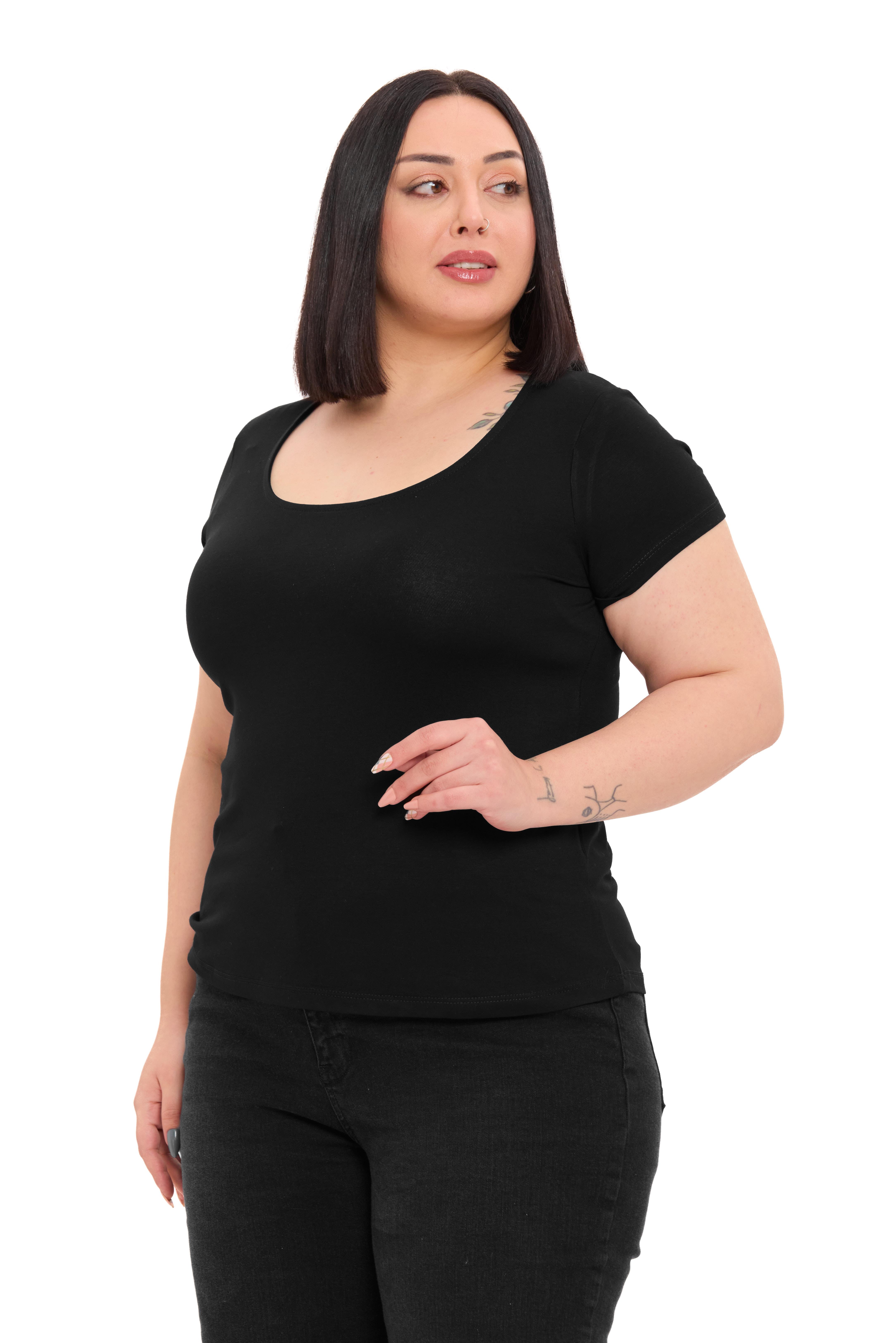 Büyük Beden U Yaka Kısa Kollu Viskon Siyah Body
