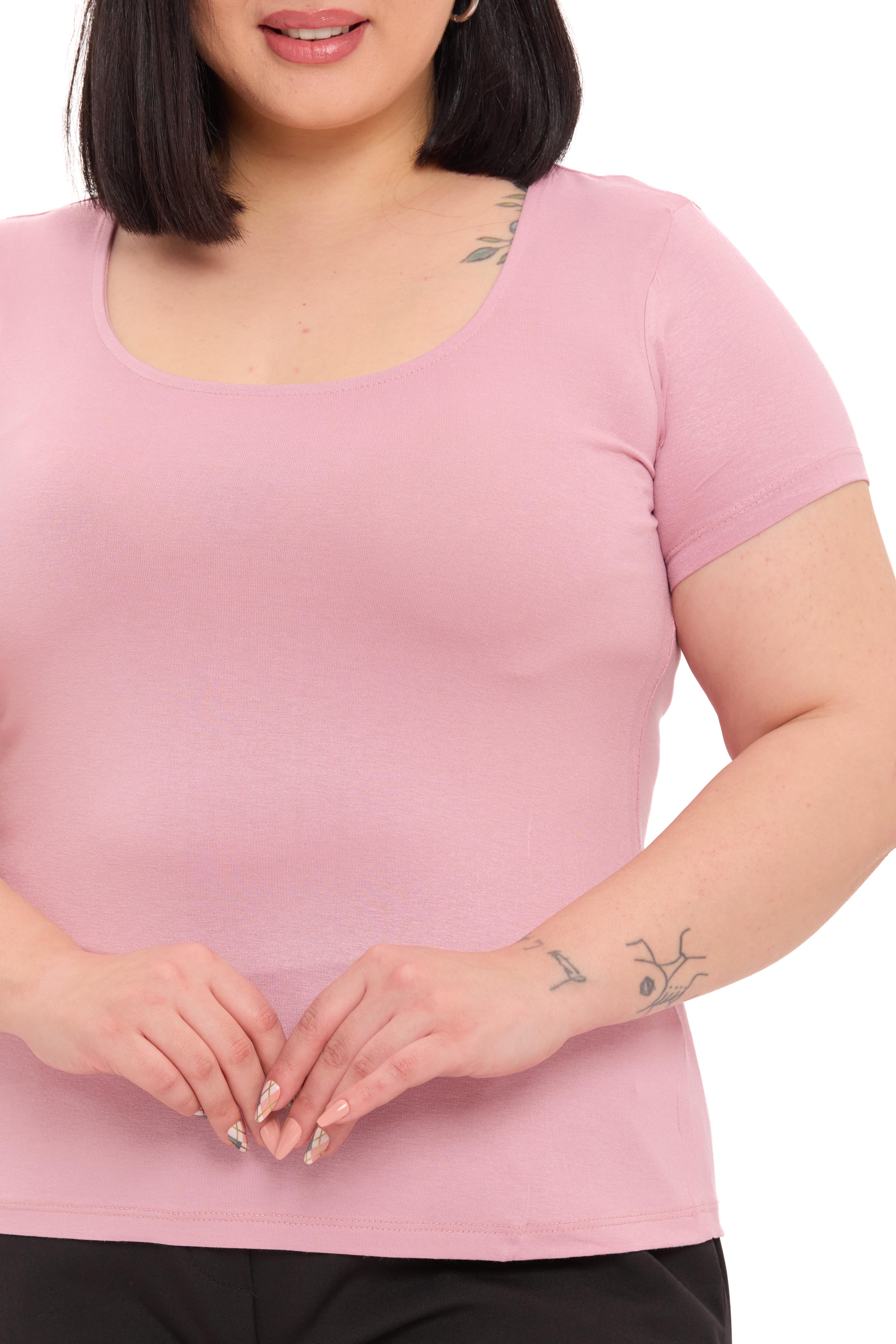 Büyük Beden U Yaka Kısa Kollu Viskon Pembe Body