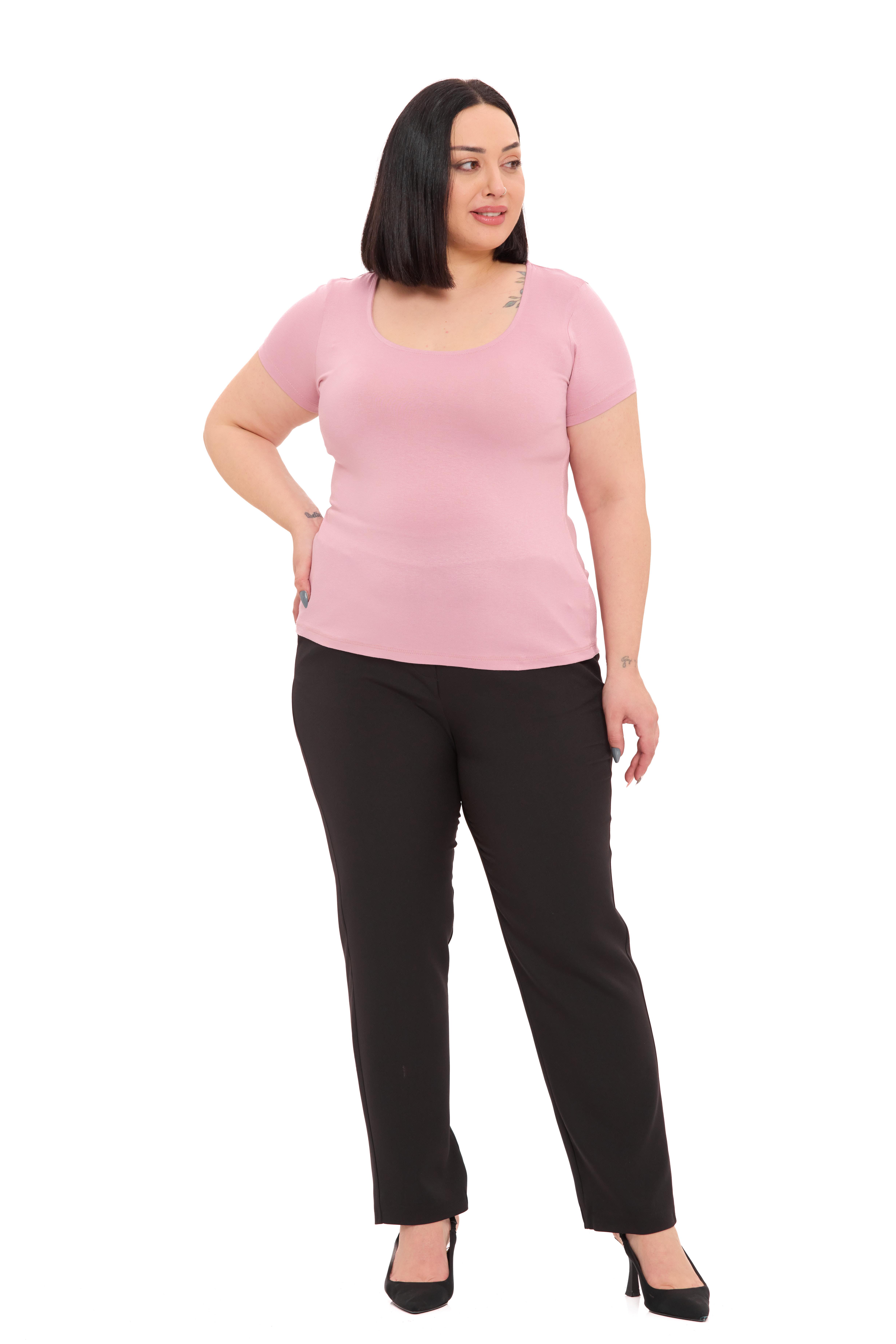 Büyük Beden U Yaka Kısa Kollu Viskon Pembe Body