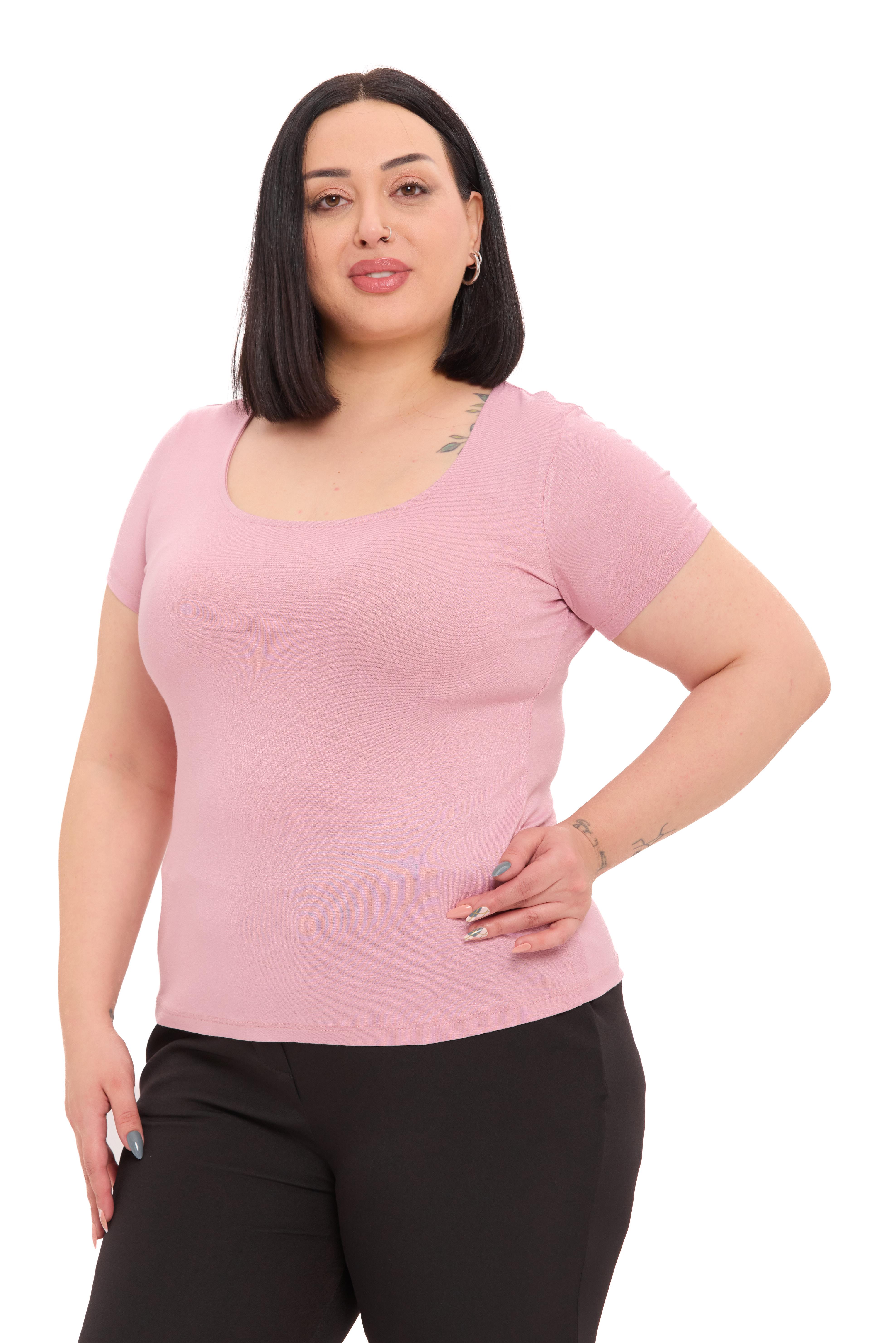 Büyük Beden U Yaka Kısa Kollu Viskon Pembe Body