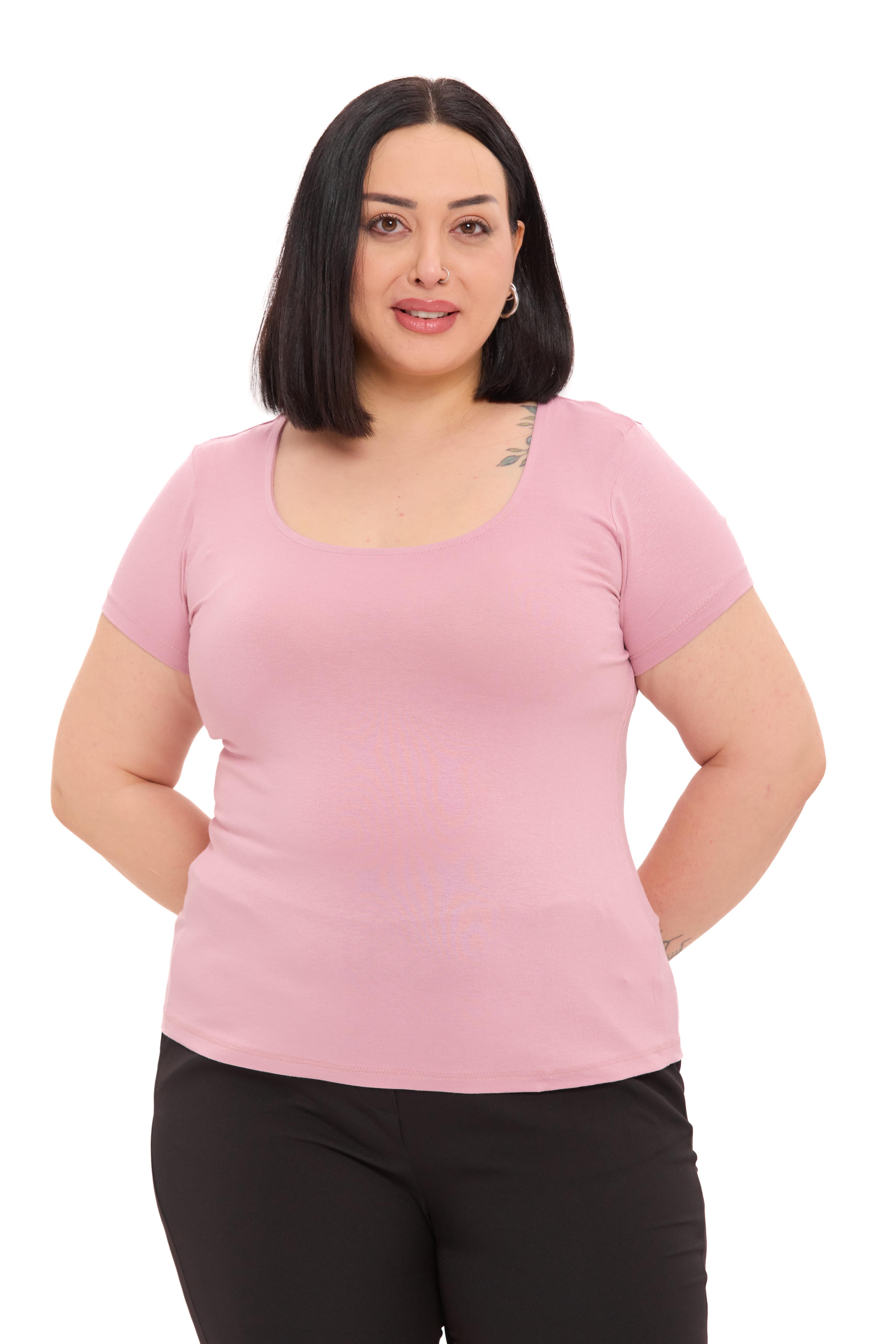 Büyük Beden U Yaka Kısa Kollu Viskon Pembe Body