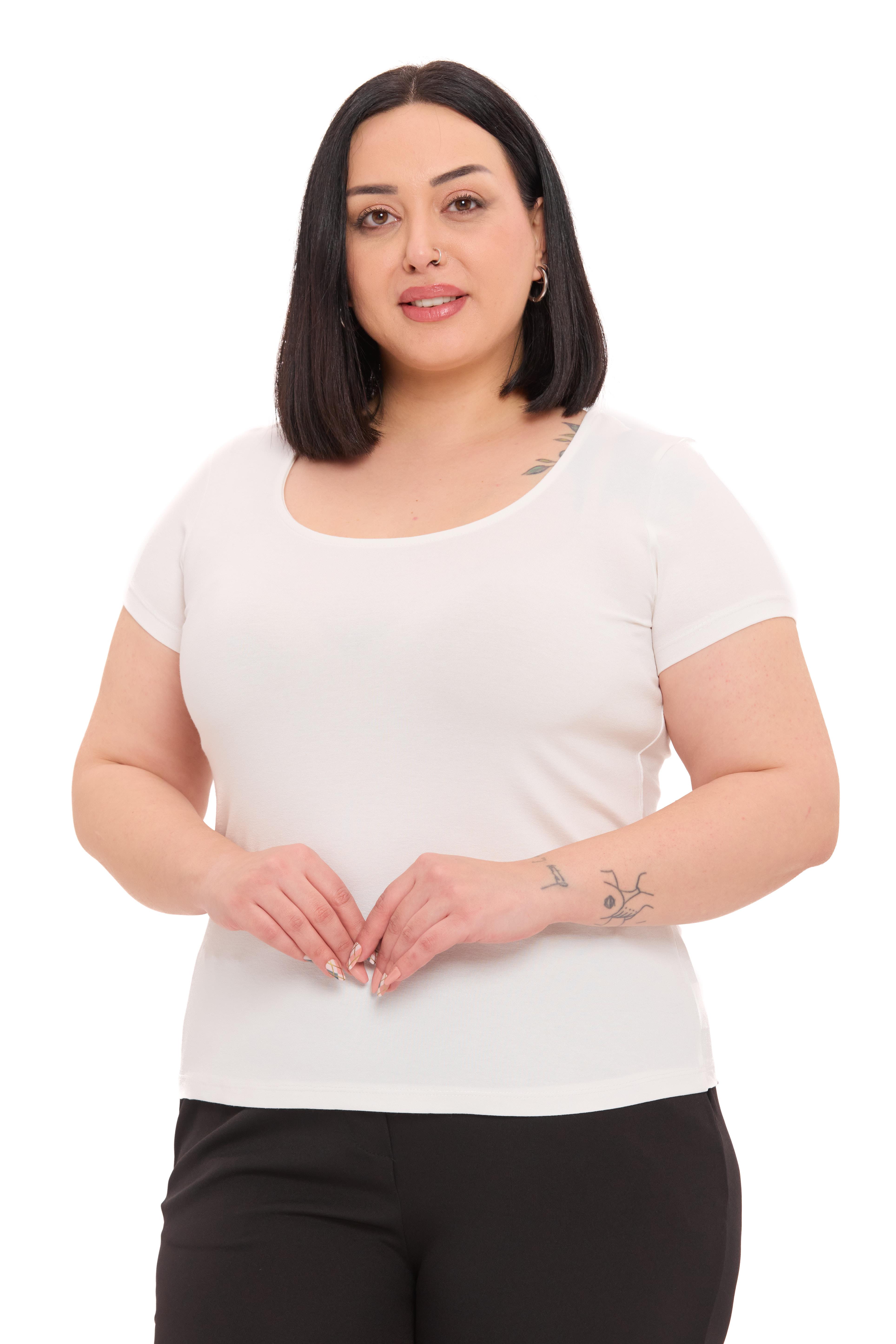 Büyük Beden U Yaka Kısa Kollu Viskon Ekru Body