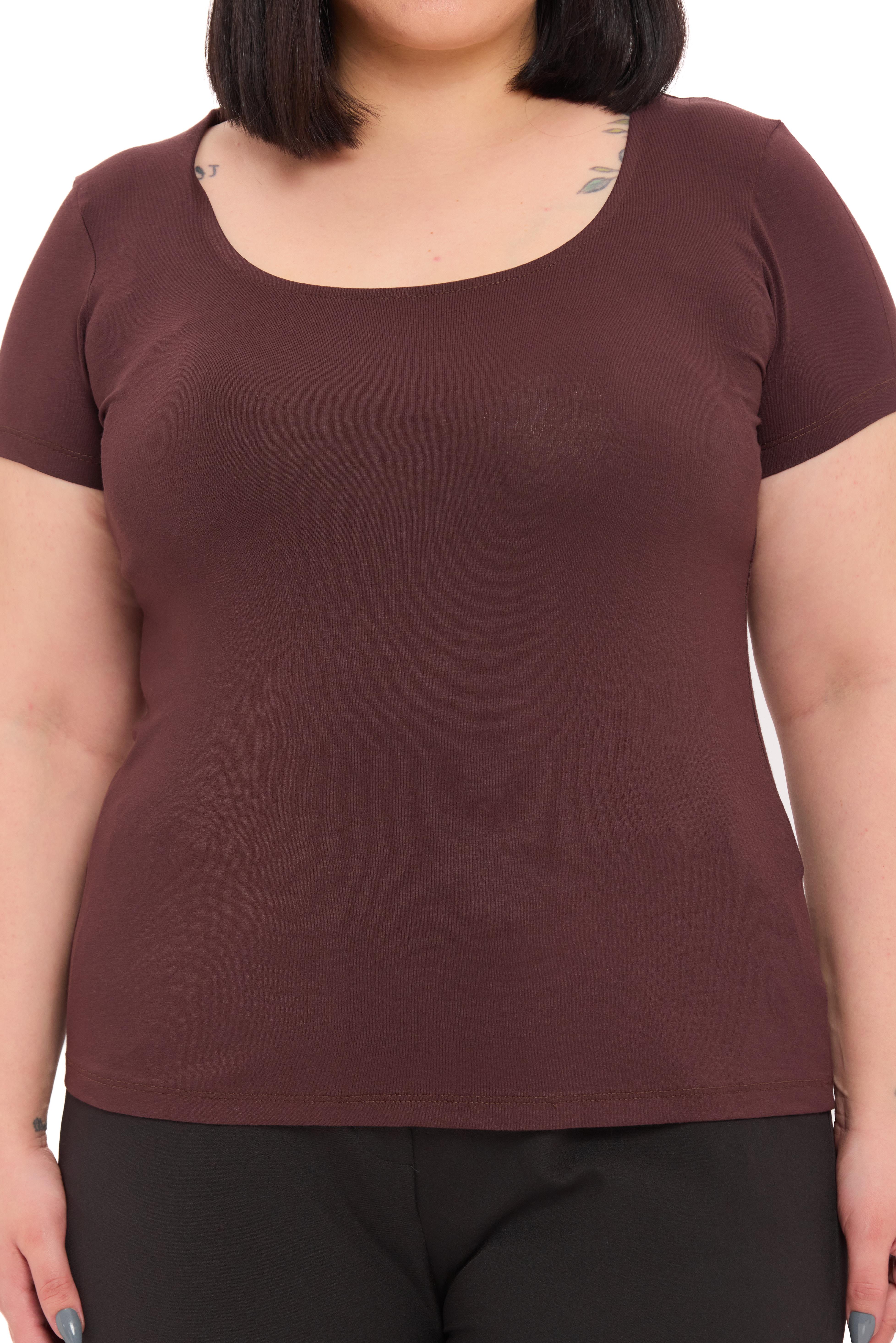 Büyük Beden U Yaka Kısa Kollu Viskon Kahverengi Body