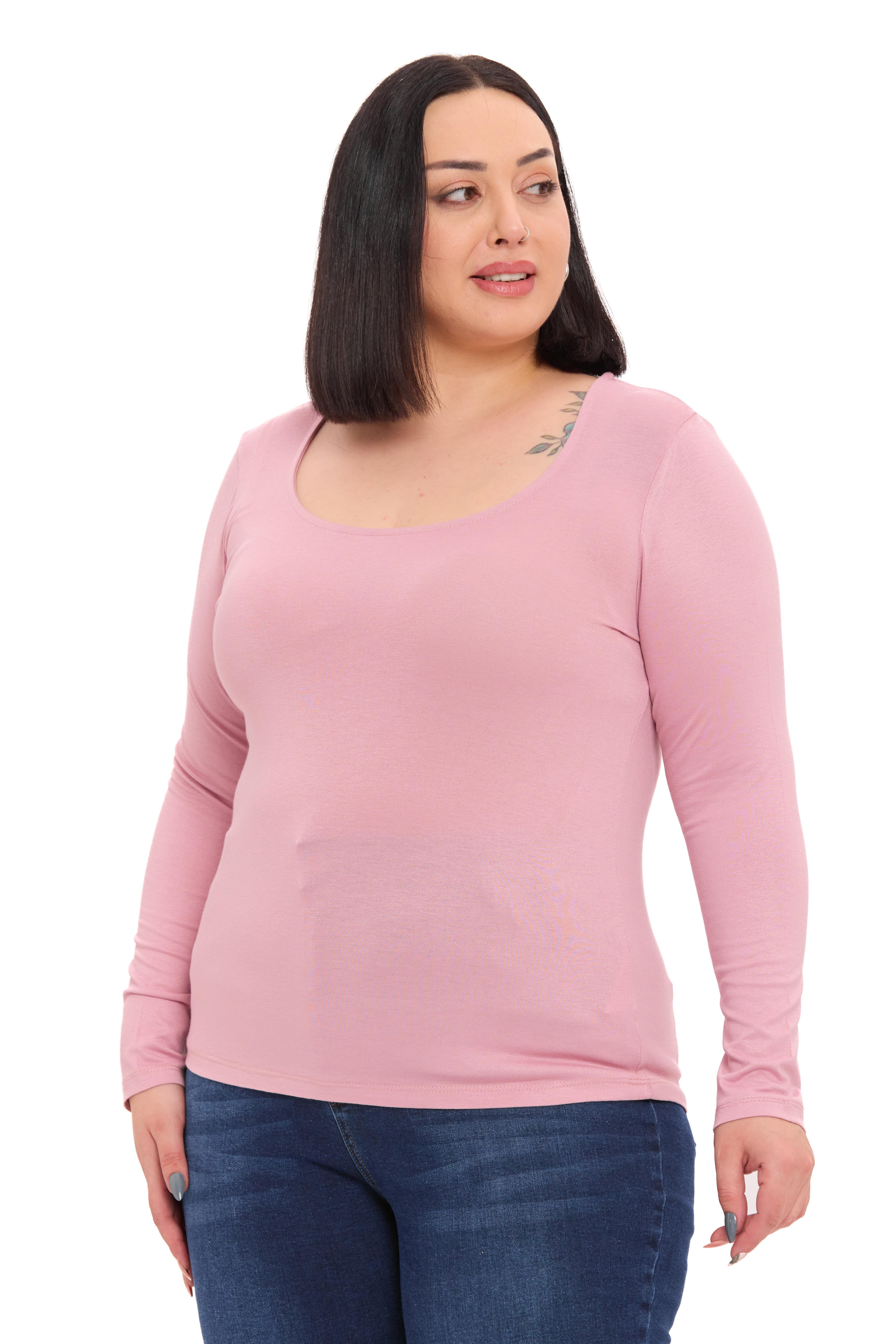 Büyük Beden U Yaka Uzun Kollu Viskon Pembe Body