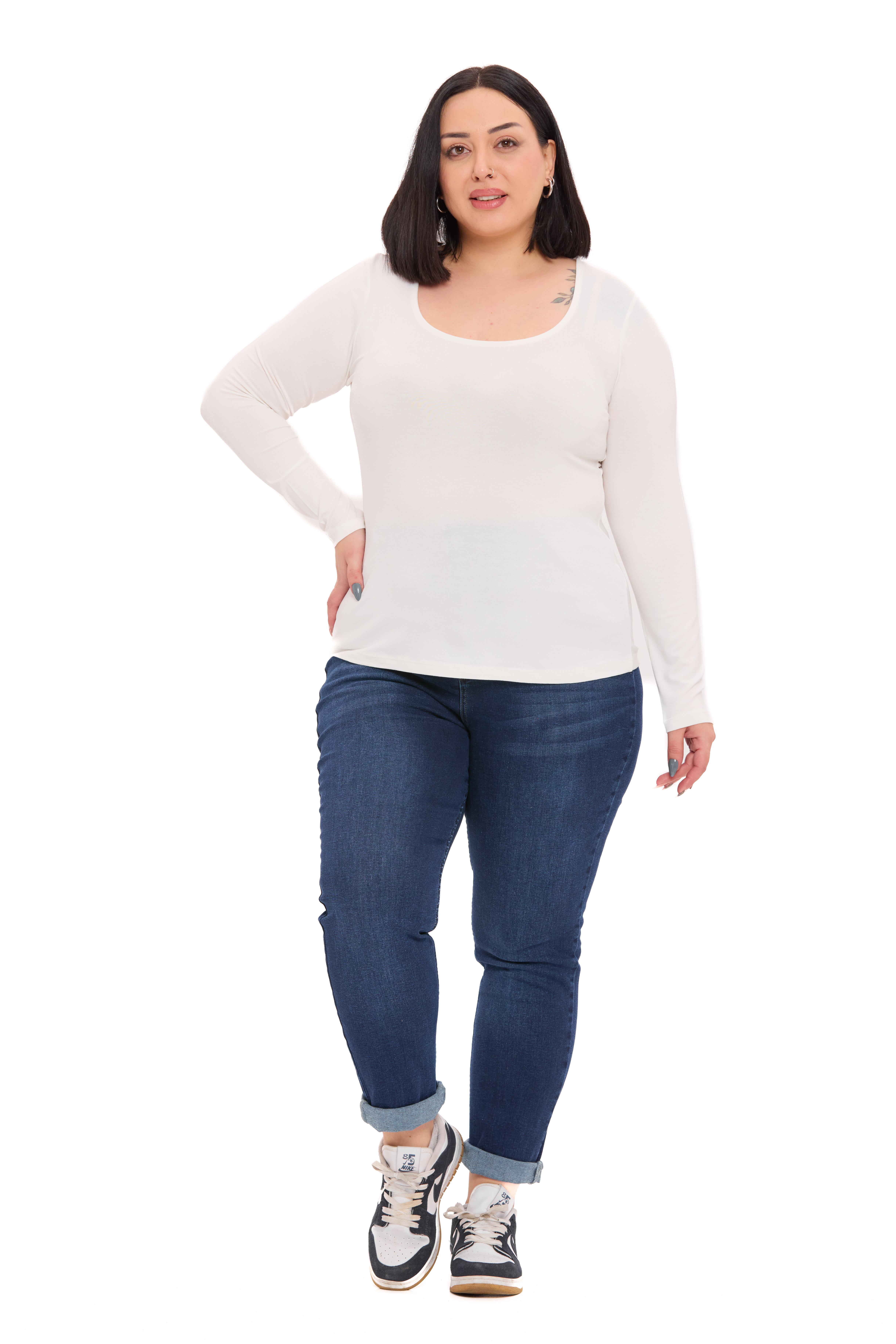 Büyük Beden U Yaka Uzun Kollu Viskon Ekru Body