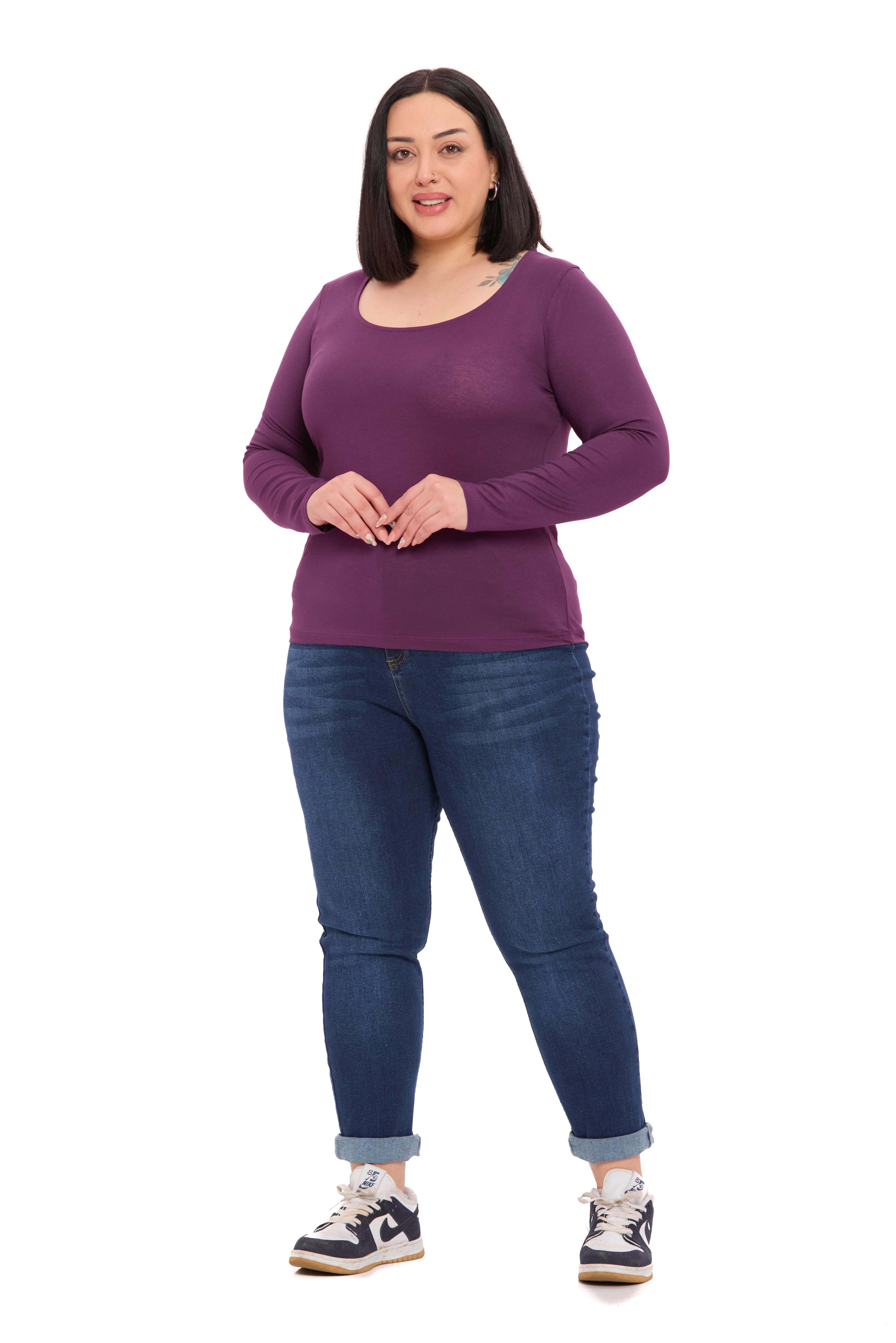 Büyük Beden U Yaka Uzun Kollu Viskon Mürdüm Body