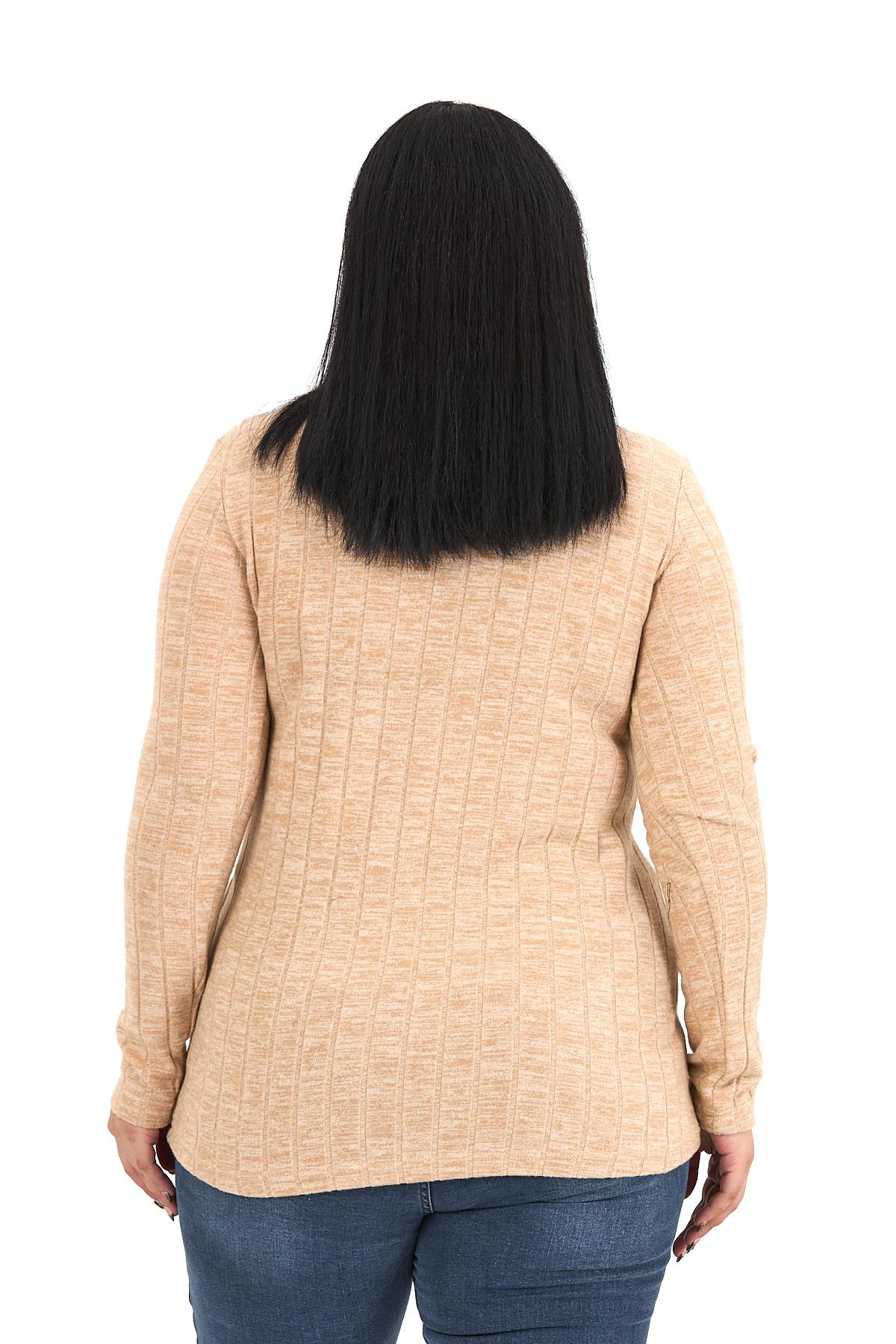 Büyük Beden Yarım Balıkçı Uzun Kollu Triko Çizgili Bej Rengi Body