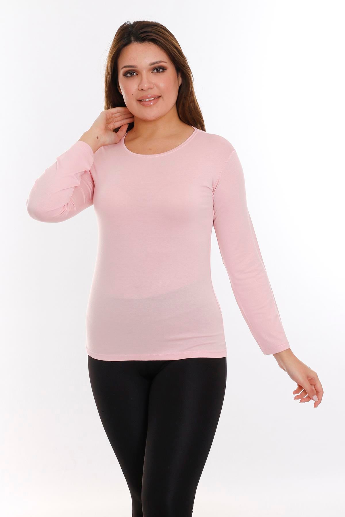 Büyük Beden Yuvarlak Yaka Uzun Kollu Viskon Pembe Body