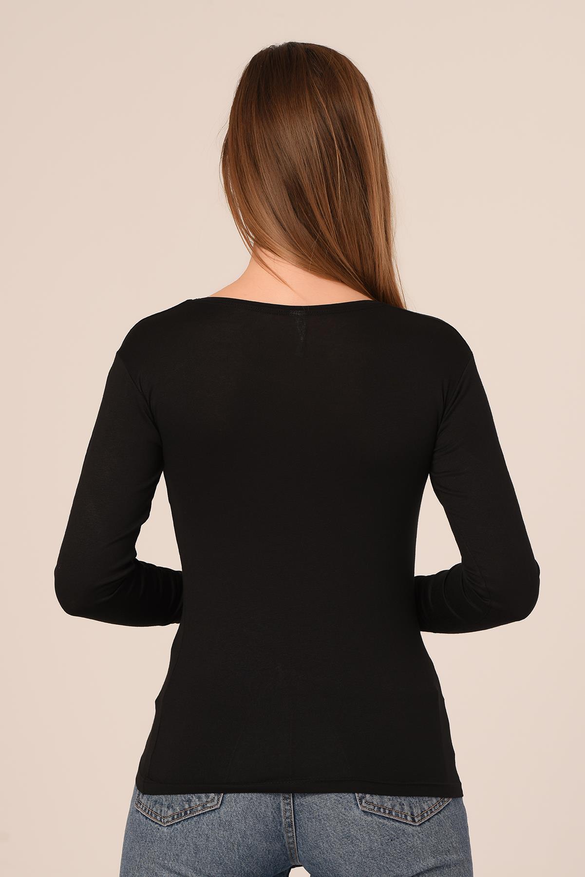 Yuvarlak Yaka Uzun Kollu Pamuklu Siyah Body