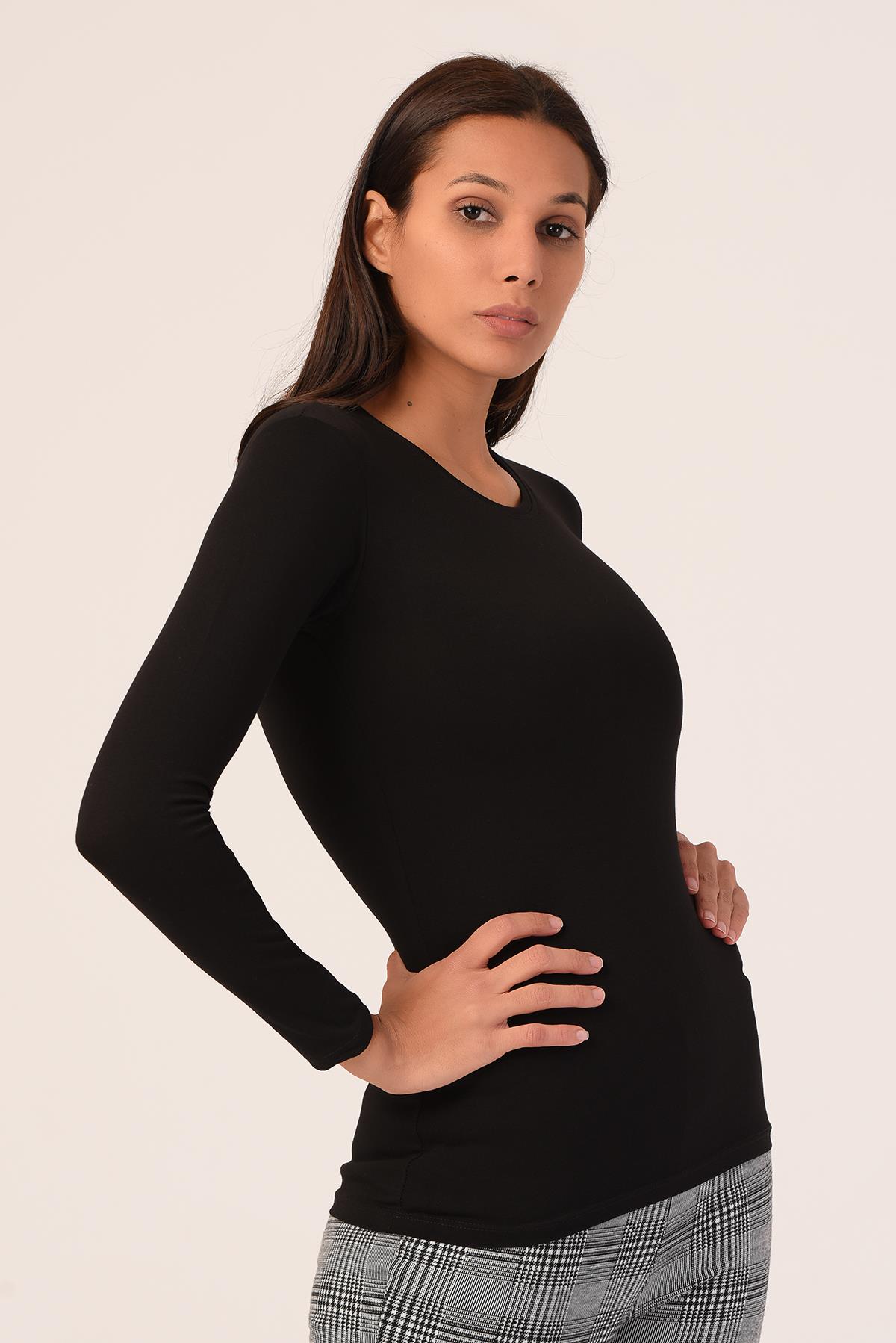 Yuvarlak Yaka Uzun Kollu Viskon Siyah Body