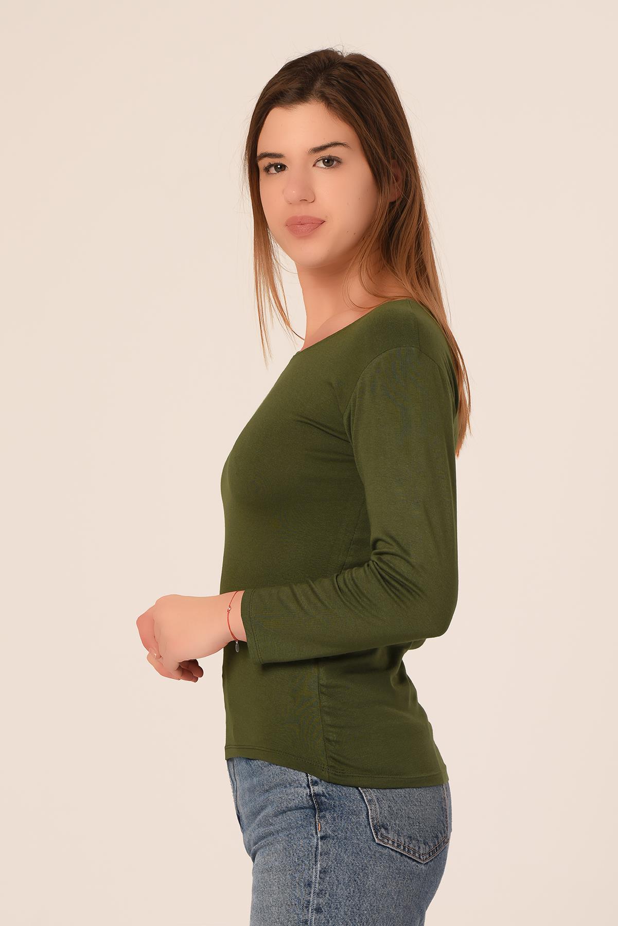Yuvarlak Yaka Uzun Kollu Viskon Haki Body