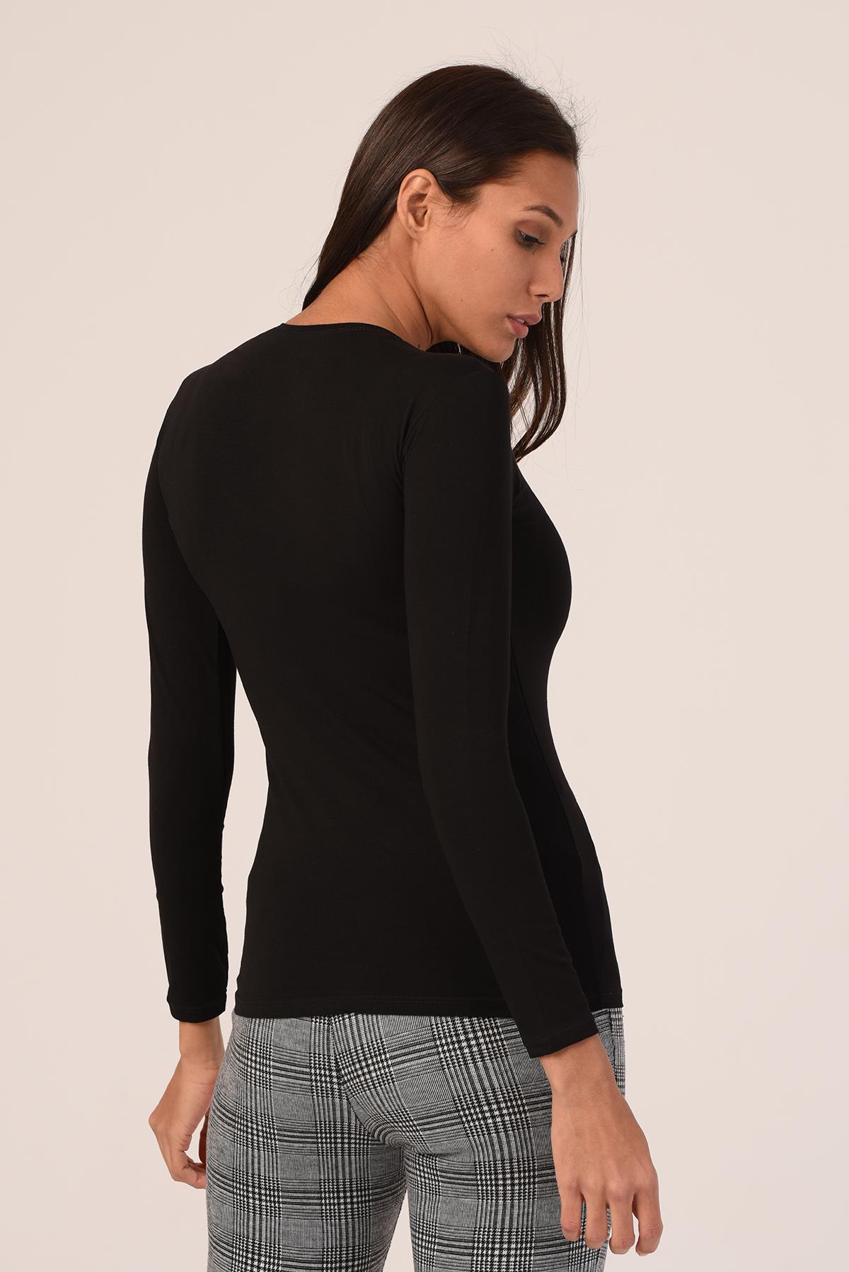 Yuvarlak Yaka Uzun Kollu Viskon Siyah Body