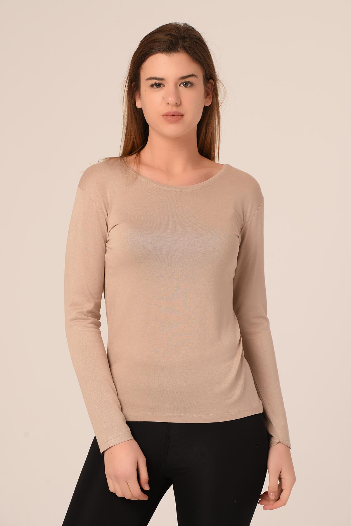 Yuvarlak Yaka Uzun Kollu Viskon Vizon Body