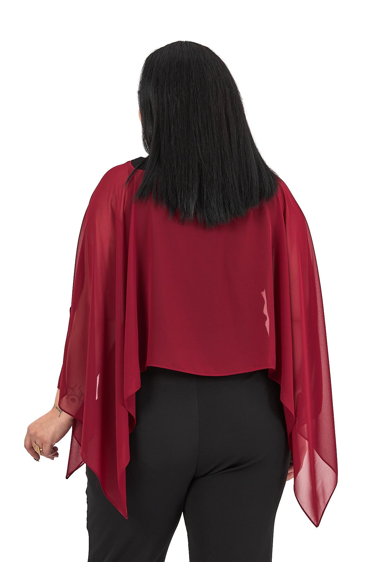 Büyük Beden Asimetrik Kesim Şifon Bordo Pelerin Bolero