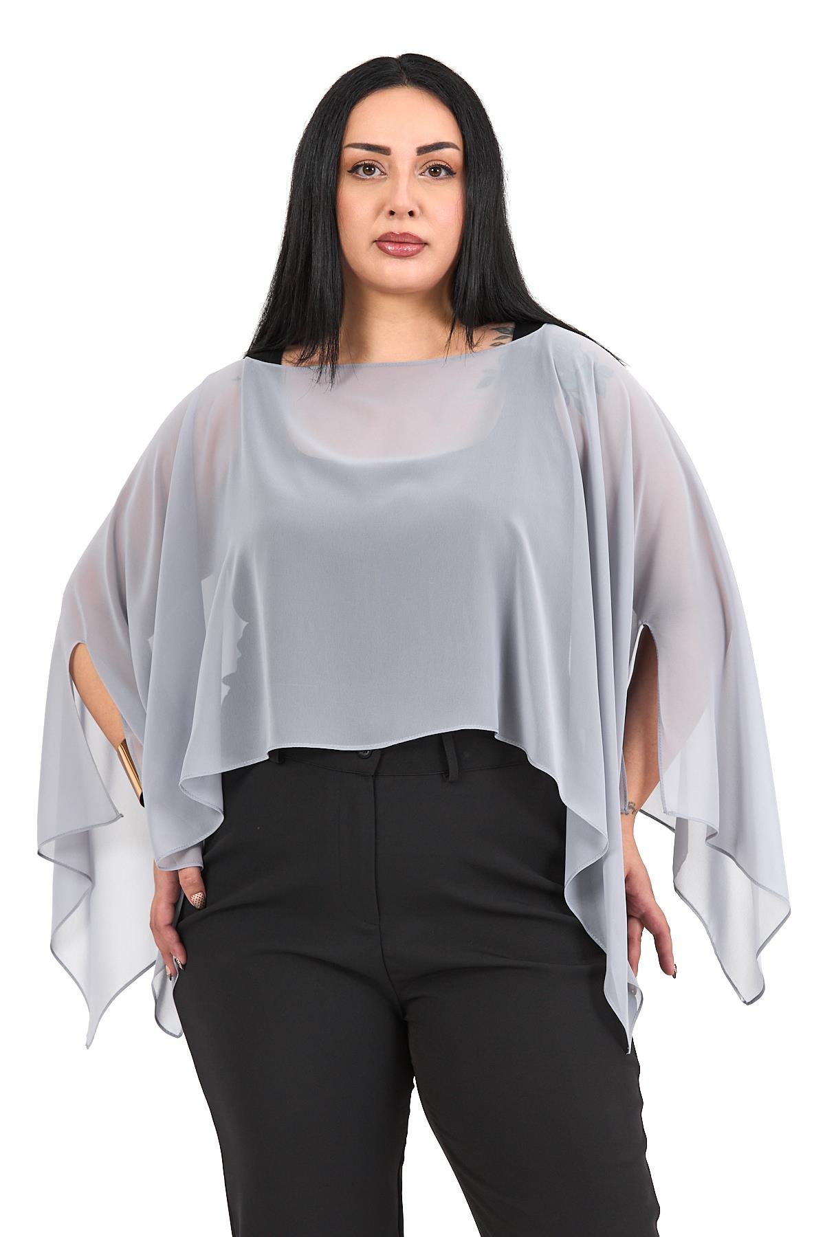 Büyük Beden Asimetrik Kesim Şifon Açık Gri Pelerin Bolero