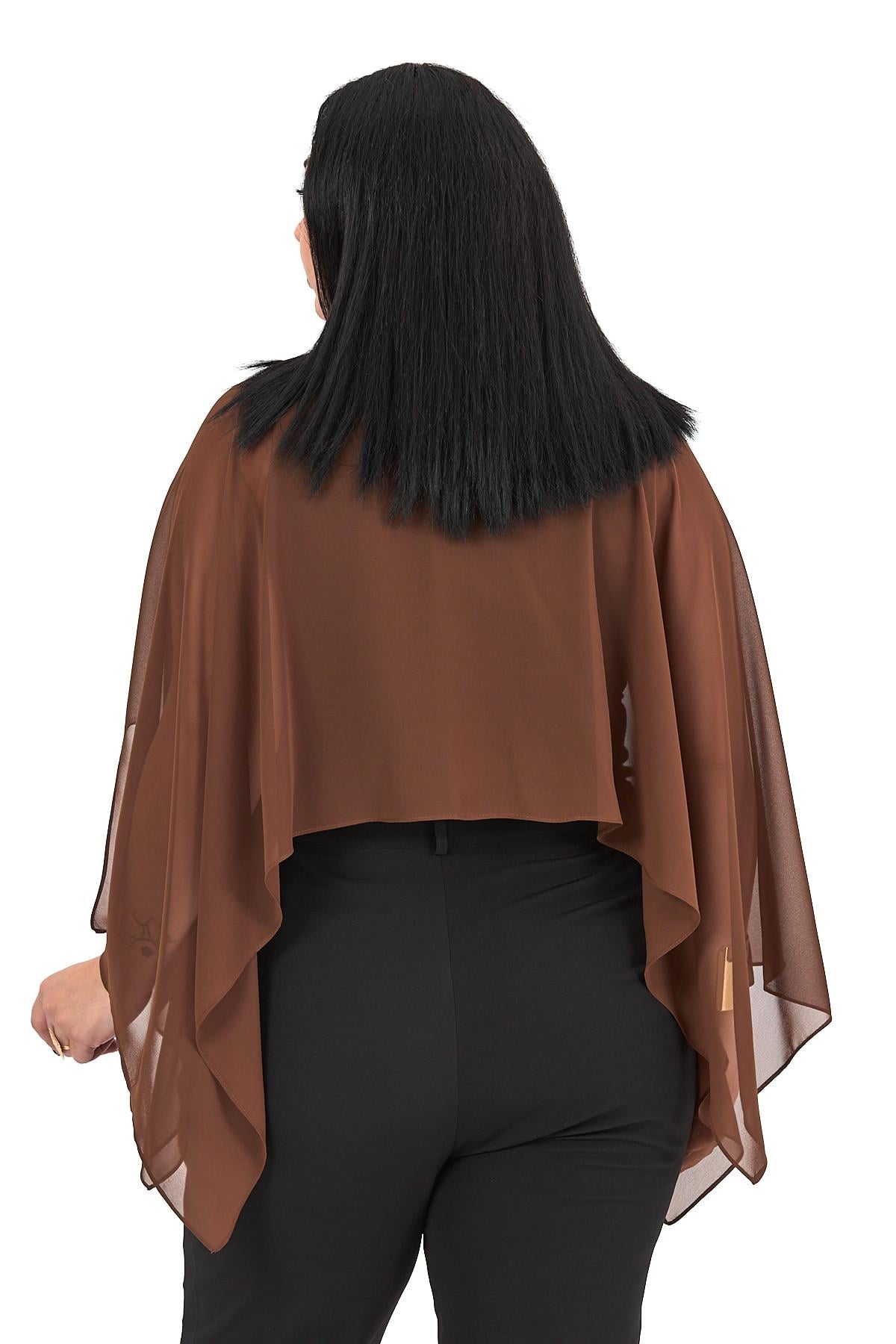 Büyük Beden Asimetrik Kesim Şifon Kahverengi Pelerin Bolero