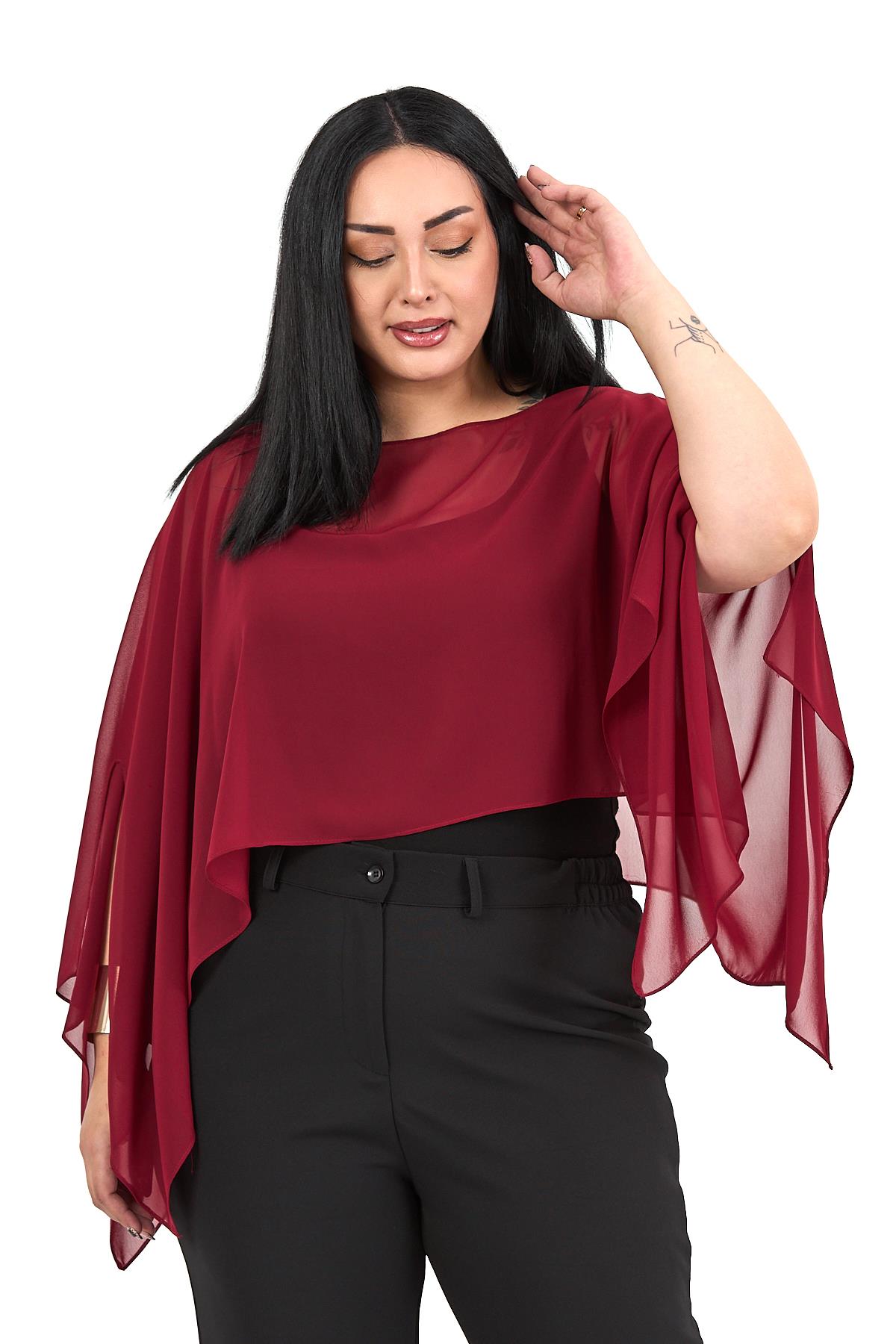 Büyük Beden Asimetrik Kesim Şifon Bordo Pelerin Bolero