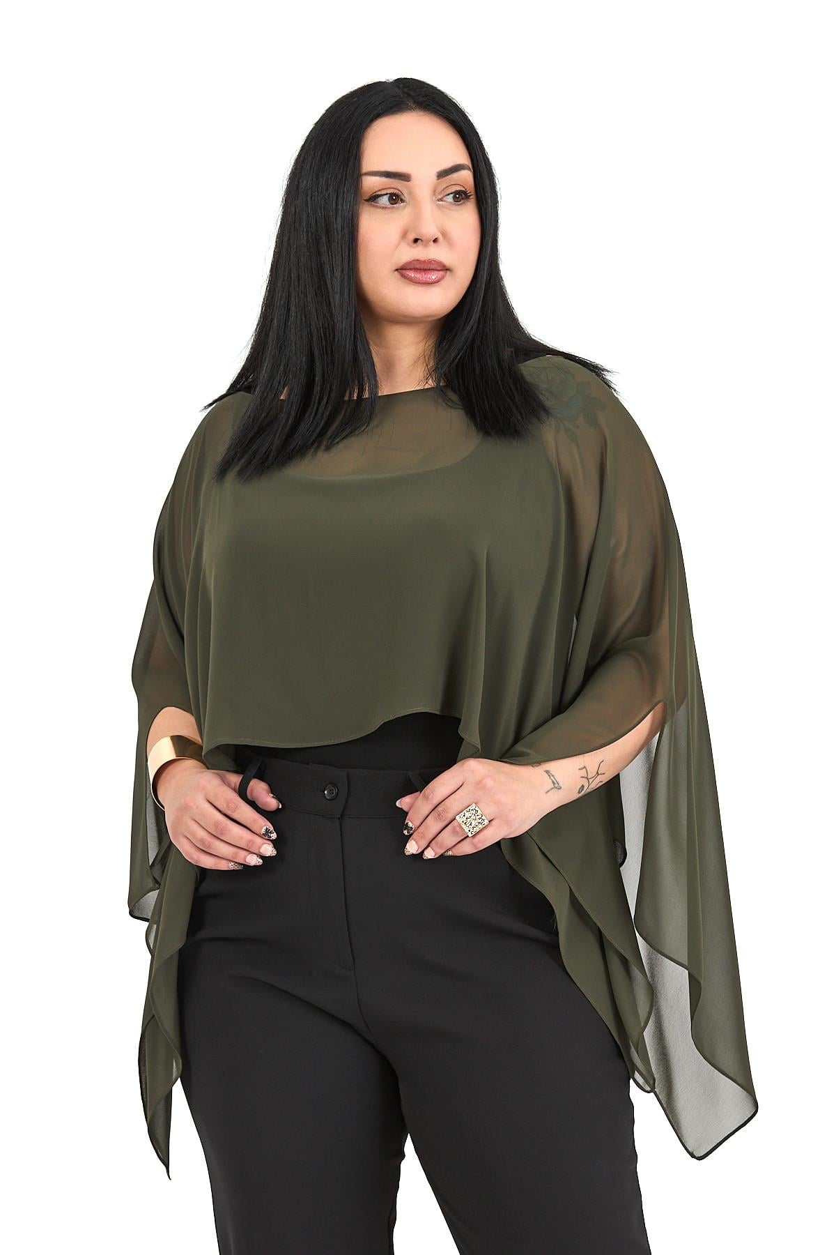 Büyük Beden Asimetrik Kesim Şifon Haki Pelerin Bolero