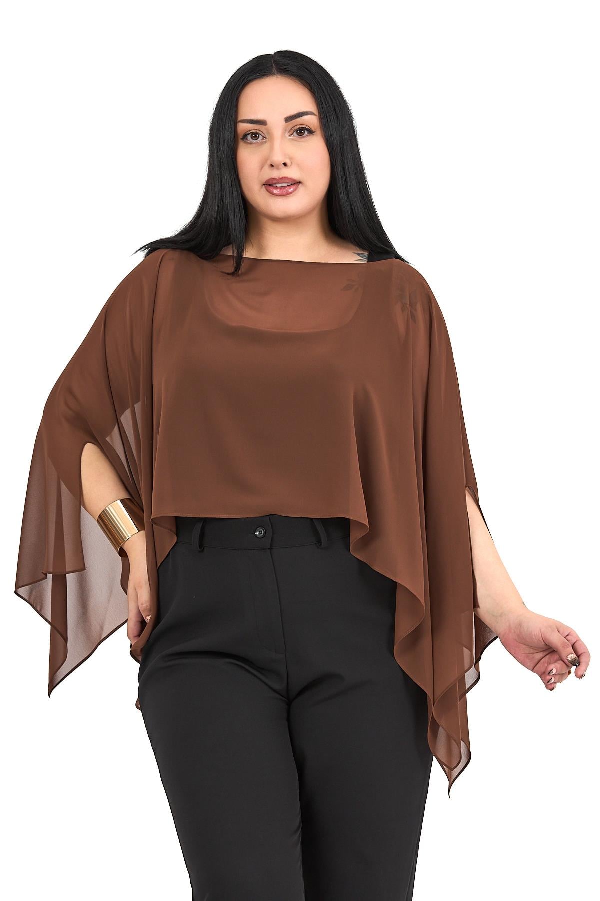 Büyük Beden Asimetrik Kesim Şifon Kahverengi Pelerin Bolero