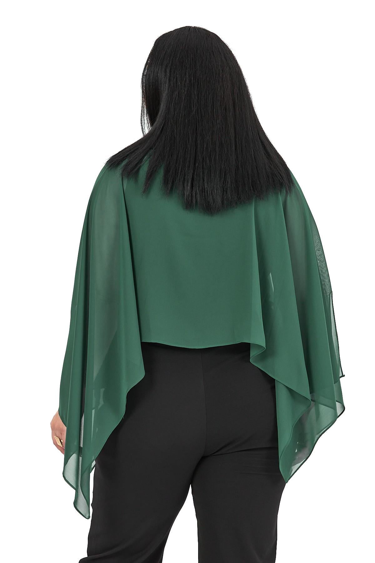 Büyük Beden Asimetrik Kesim Şifon Zümrüt Yeşili Pelerin Bolero