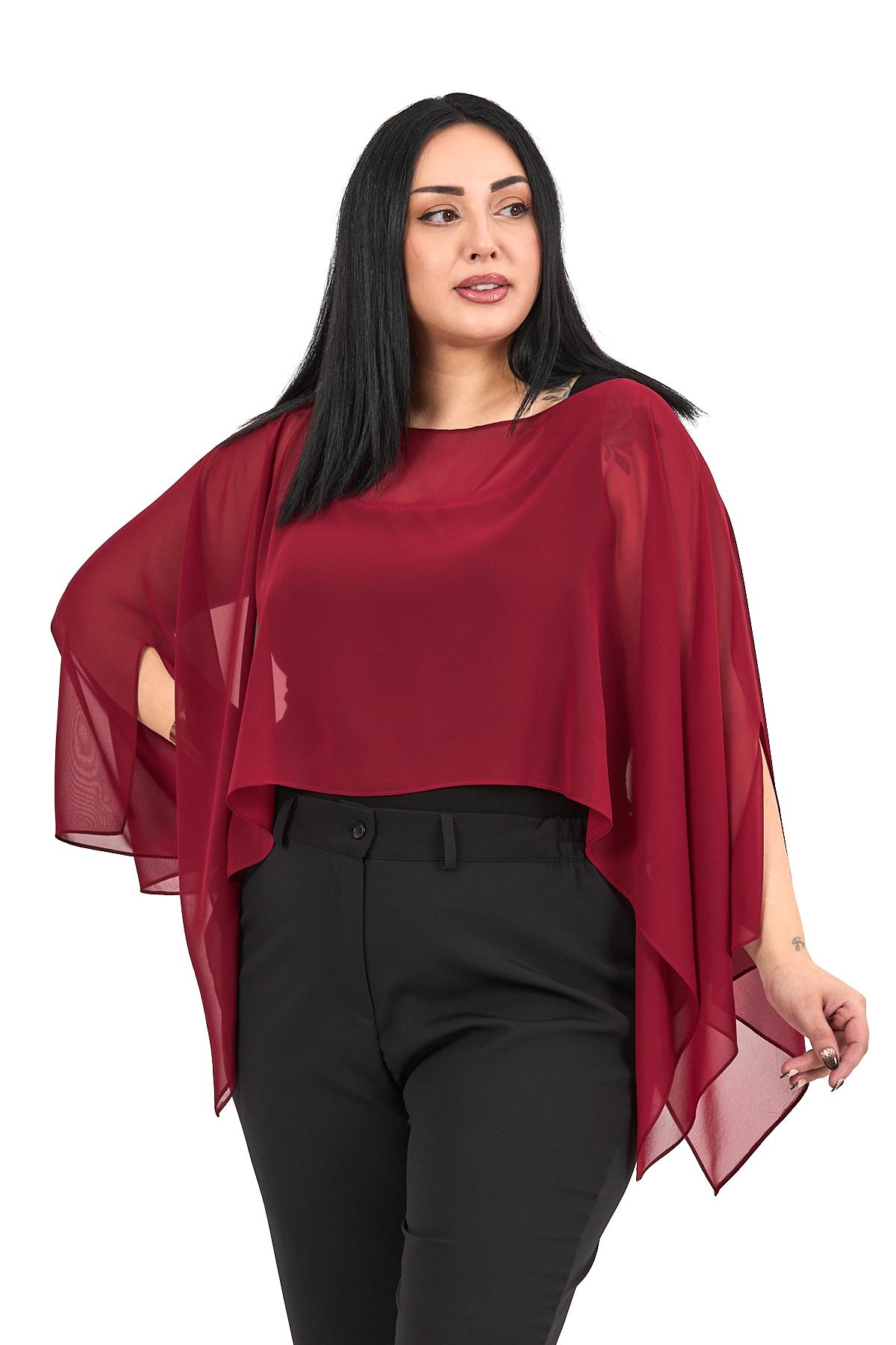 Büyük Beden Asimetrik Kesim Şifon Bordo Pelerin Bolero