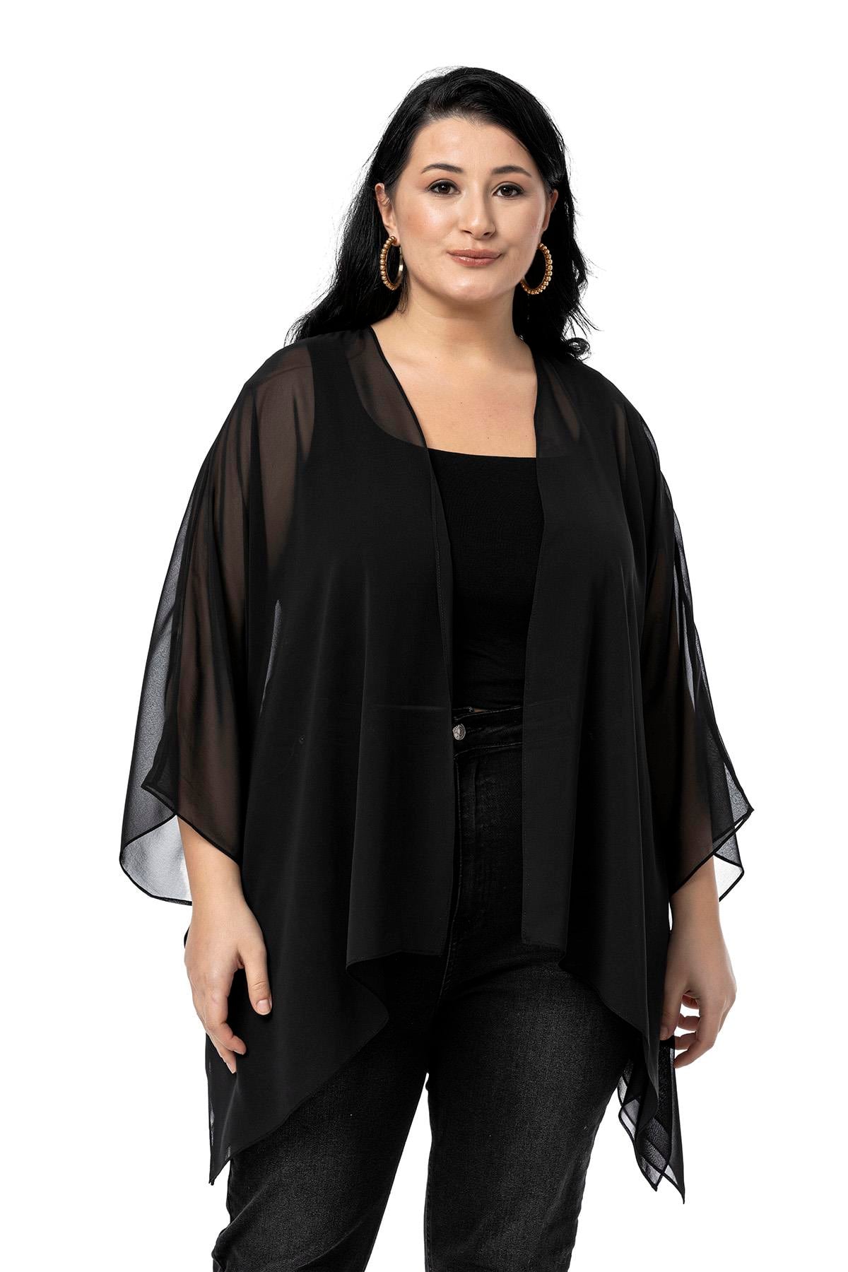 Büyük Beden Geniş Kesim Kol Altı Dikiş Detaylı Siyah Panço Bolero