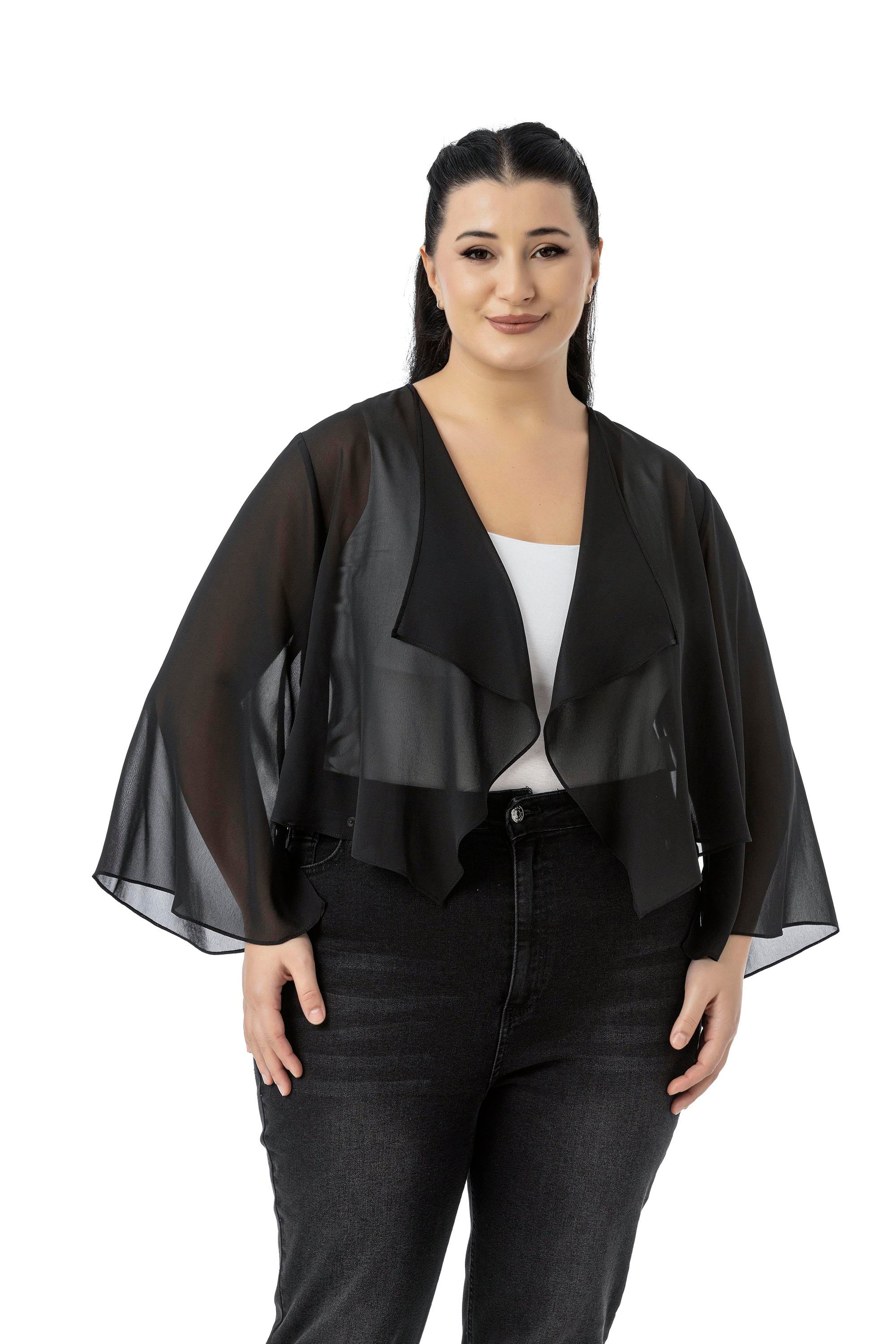 Büyük Beden Kolu Yırtmaç Detaylı Şifon Siyah Bolero