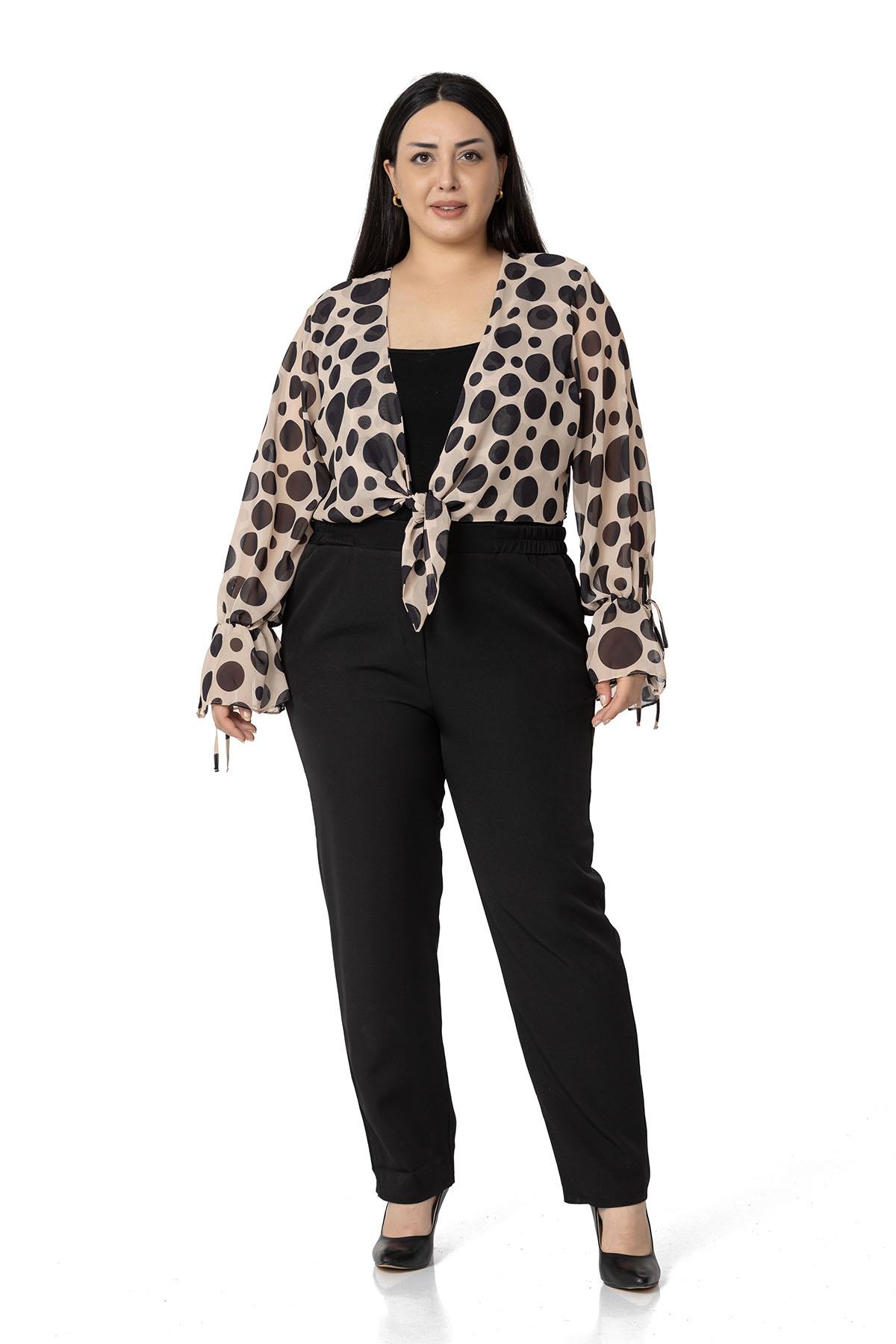 Plus Size Sleeve Detailed Double Tie Front Chiffon Black Polka Dot Mink Bolero