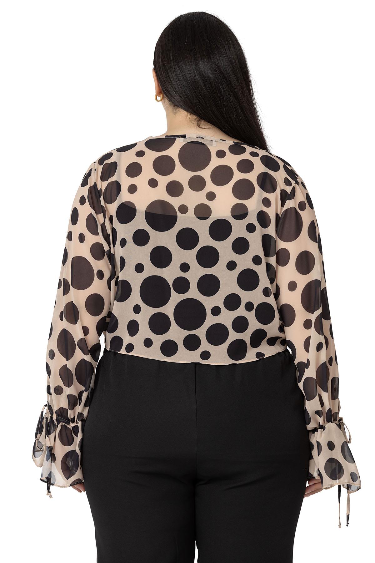 Plus Size Sleeve Detailed Double Tie Front Chiffon Black Polka Dot Mink Bolero
