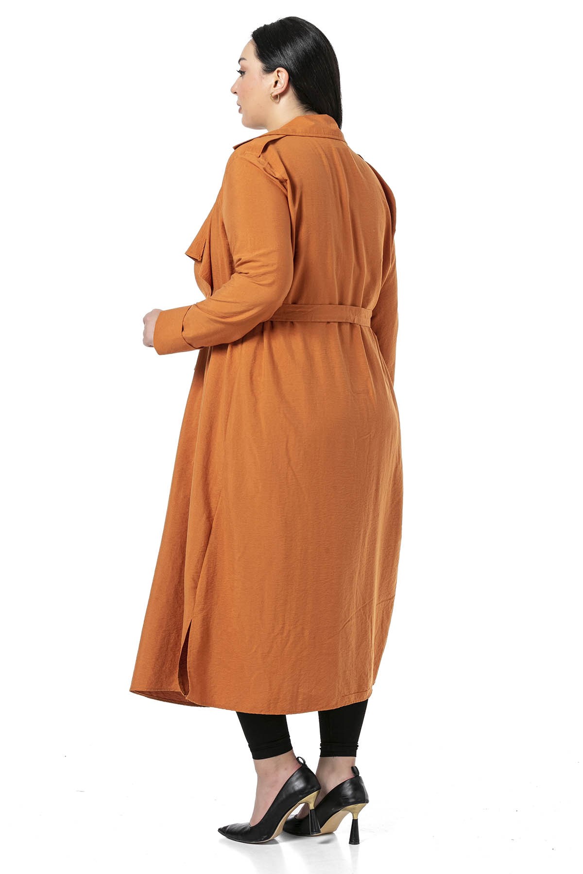 Plus Size Epaulettes Slits on the Sides and Belted Long Brick Jacket