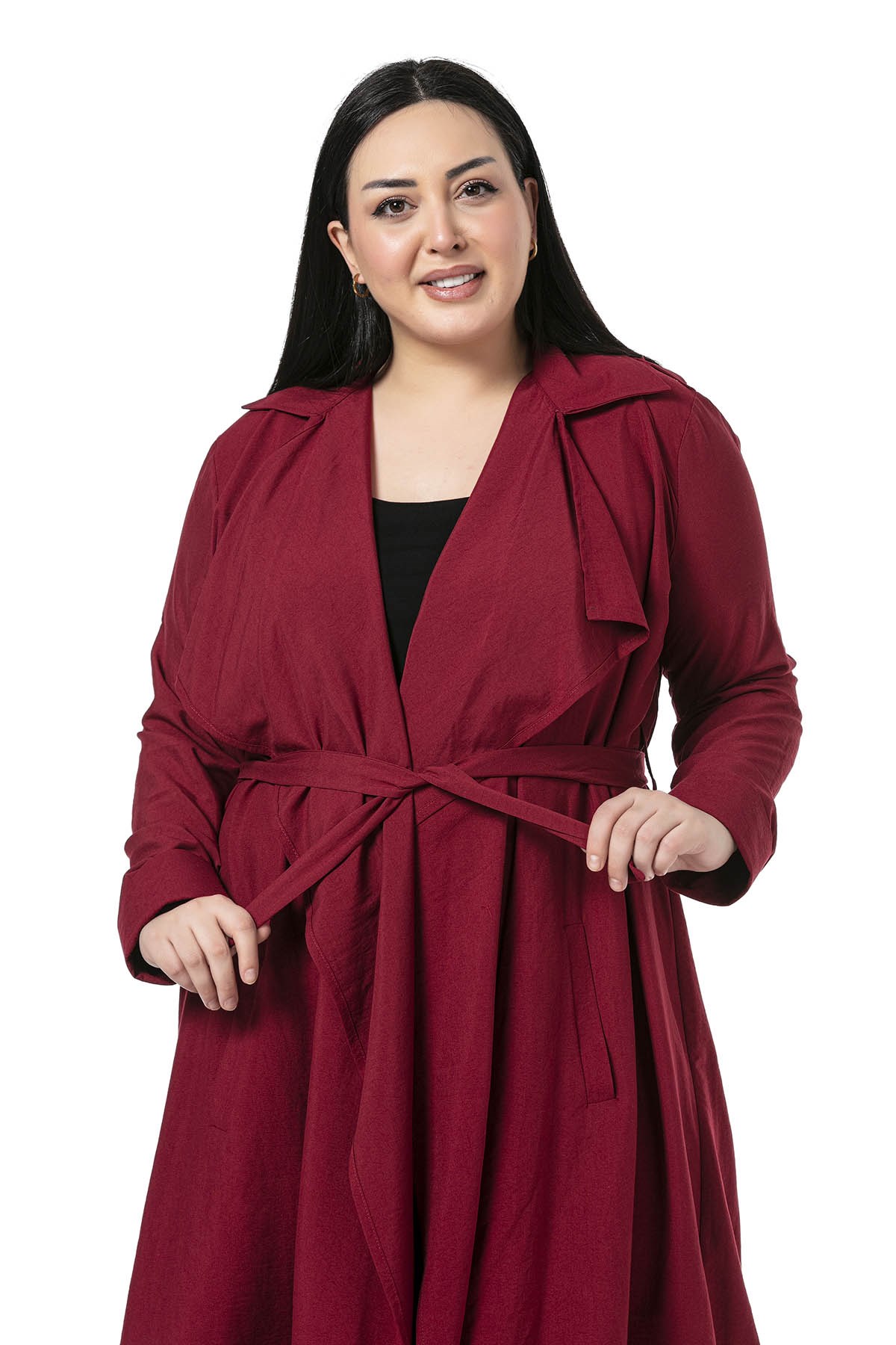 Plus Size Epaulettes Side Slits and Belted Long Burgundy Jacket