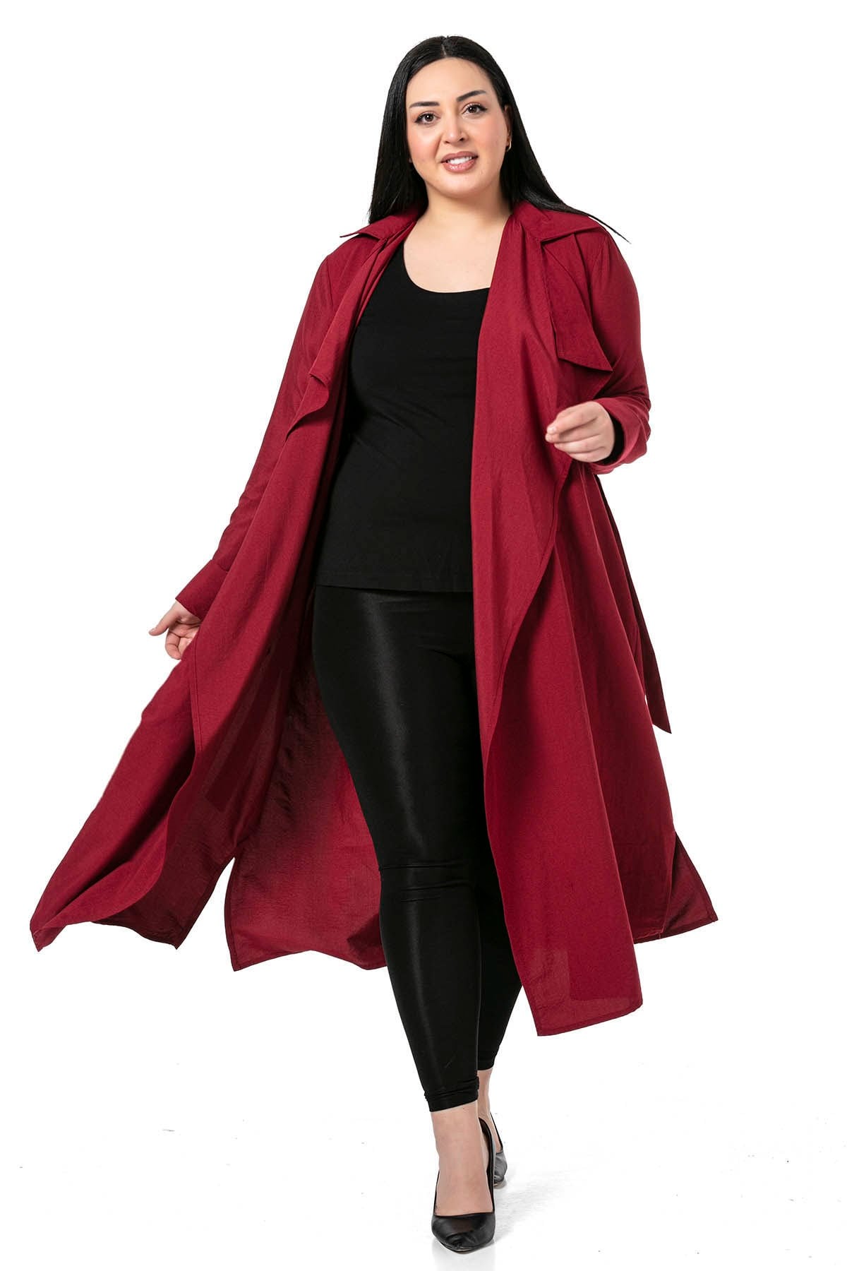 Plus Size Epaulettes Side Slits and Belted Long Burgundy Jacket