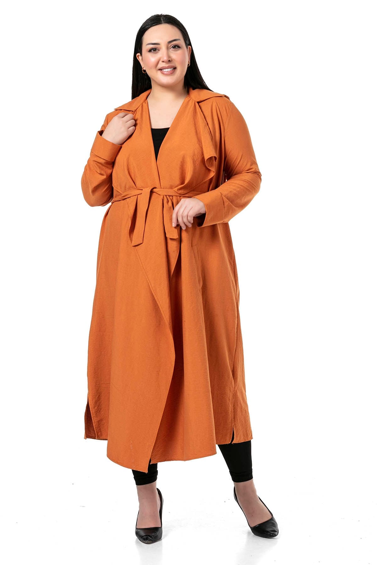 Plus Size Epaulettes Slits on the Sides and Belted Long Brick Jacket