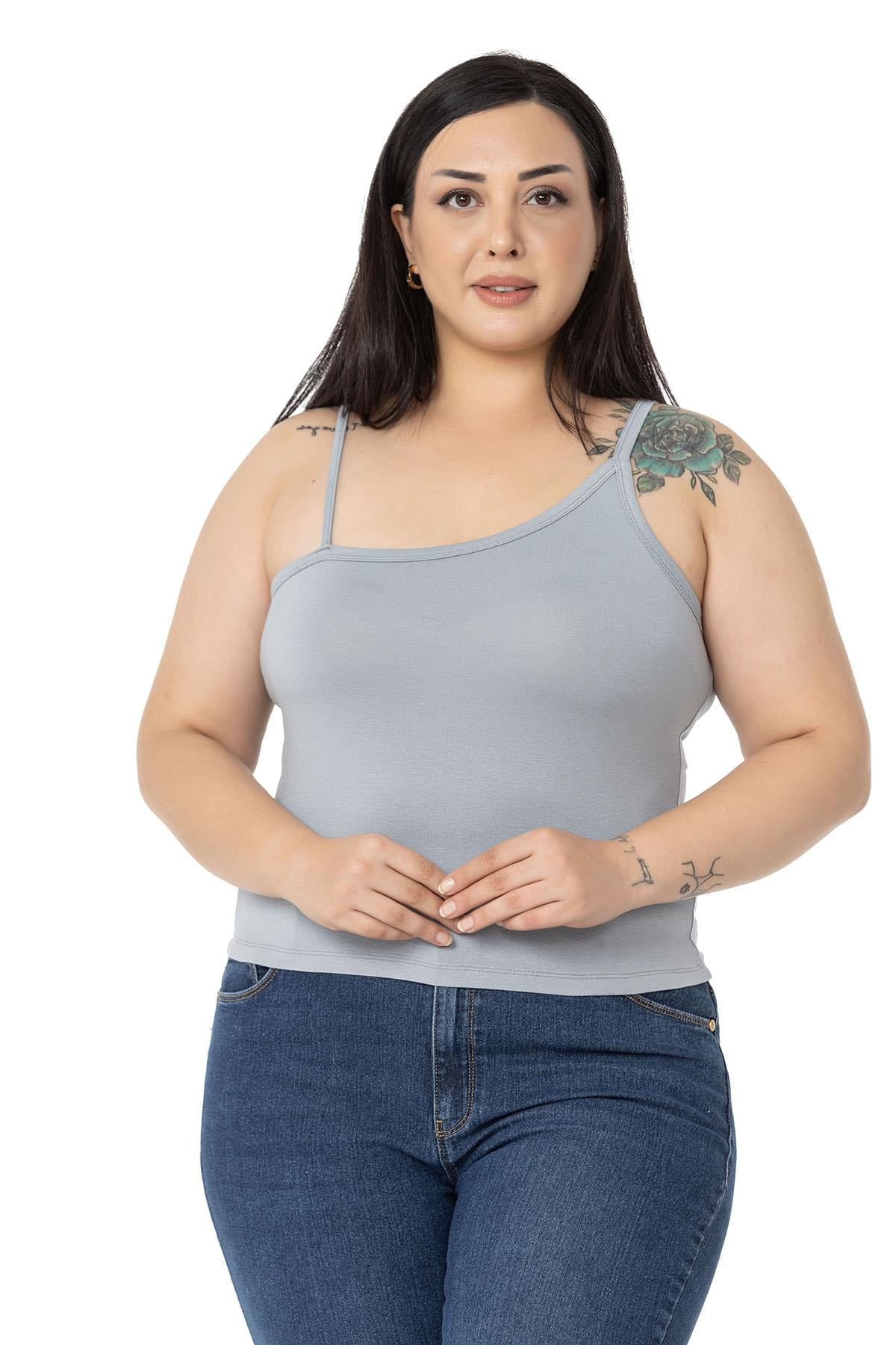 Büyük Beden Asimetrik Askılı Viskon Gri Body
