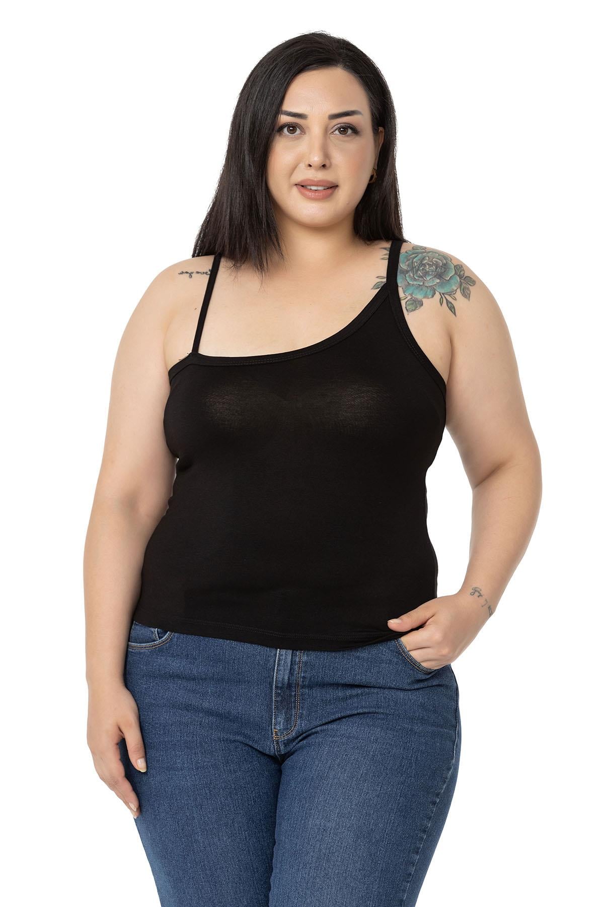 Büyük Beden Asimetrik Askılı Viskon Siyah Body