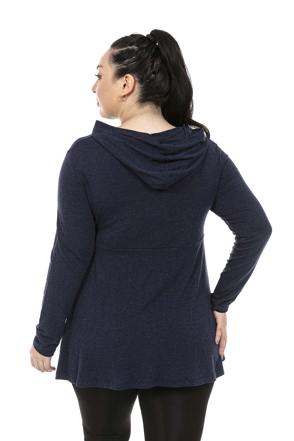 Plus Size Asymmetrical Cut Hooded Fake Button Detailed Wool Viscose Navy Blue Blouse