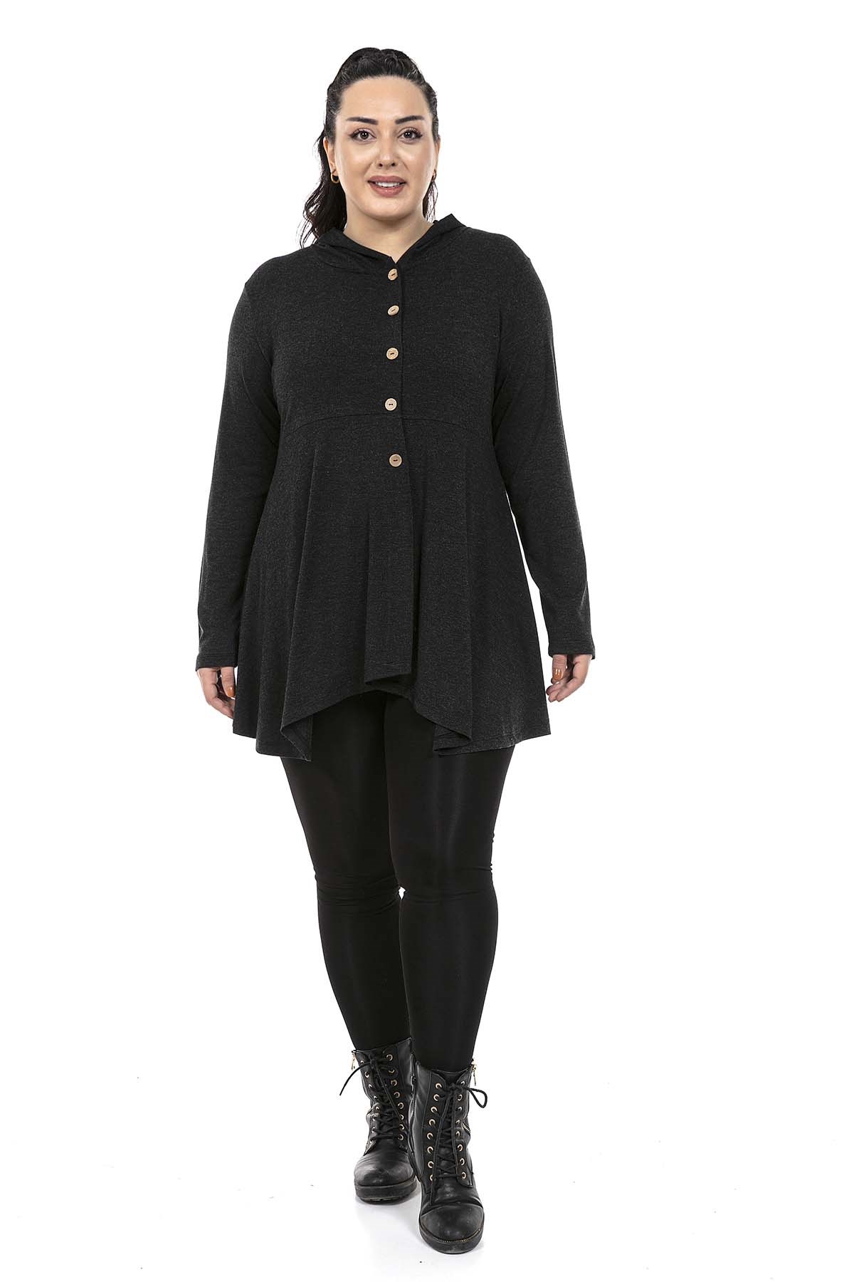 Plus Size Asymmetrical Cut Hooded Fake Button Detailed Wool Viscose Anthracite Blouse