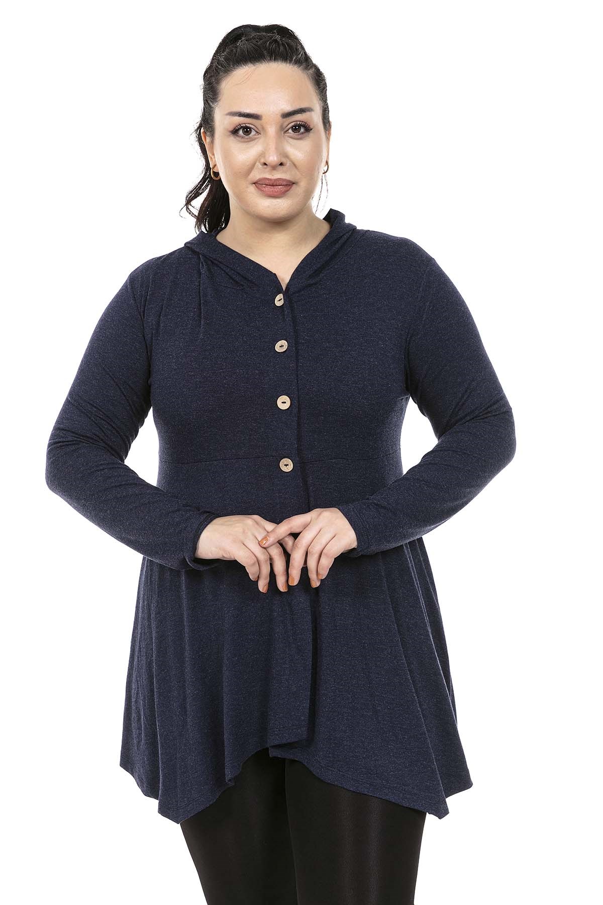 Plus Size Asymmetrical Cut Hooded Fake Button Detailed Wool Viscose Navy Blue Blouse