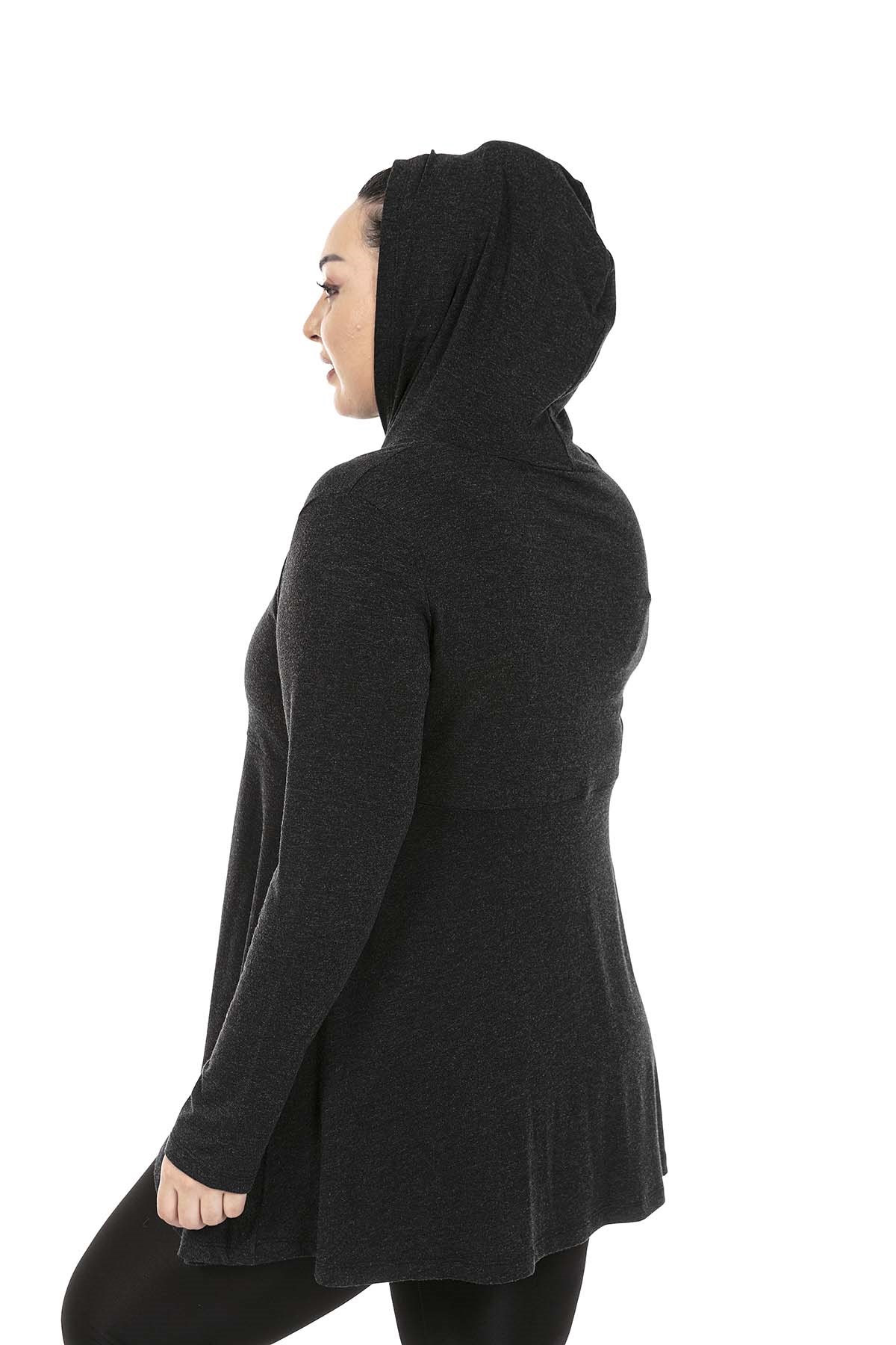 Plus Size Asymmetrical Cut Hooded Fake Button Detailed Wool Viscose Anthracite Blouse