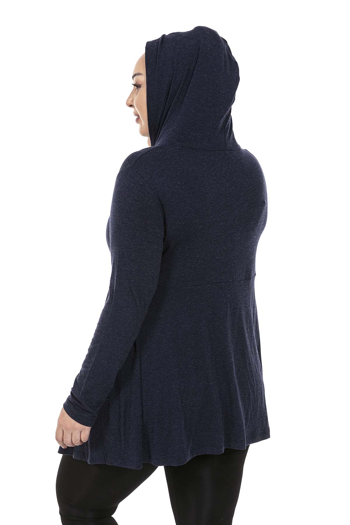 Plus Size Asymmetrical Cut Hooded Fake Button Detailed Wool Viscose Navy Blue Blouse