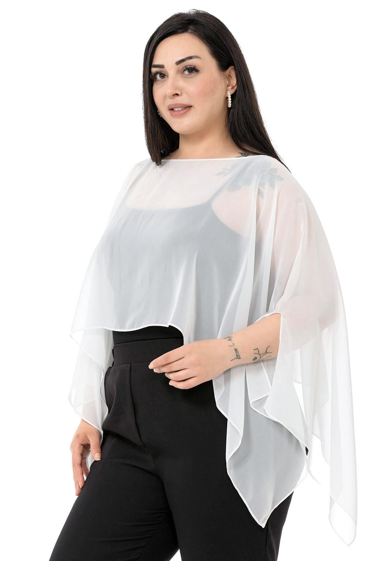 Plus Size Asymmetrical Cut Chiffon White Cape Bolero