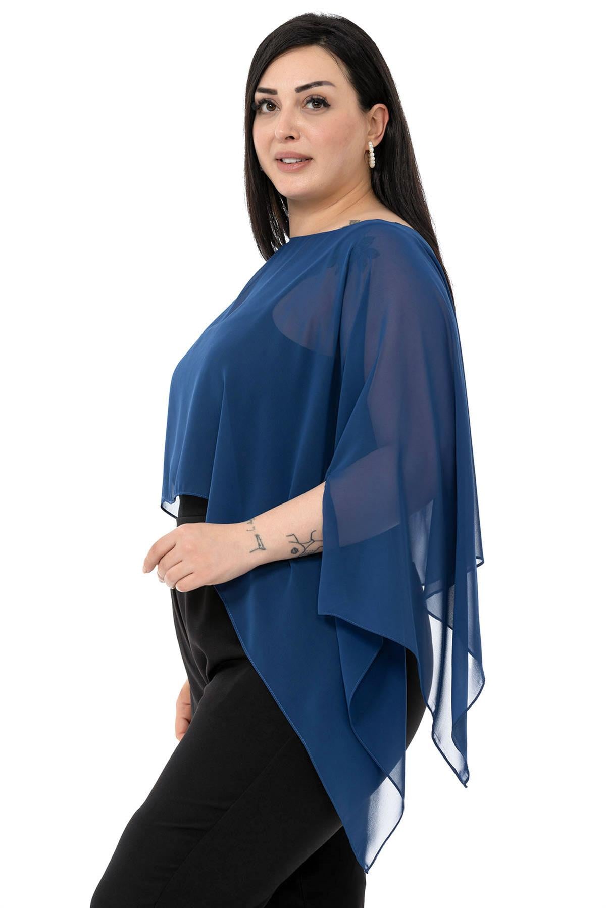 Plus Size Asymmetrical Cut Chiffon Navy Blue Cape Bolero