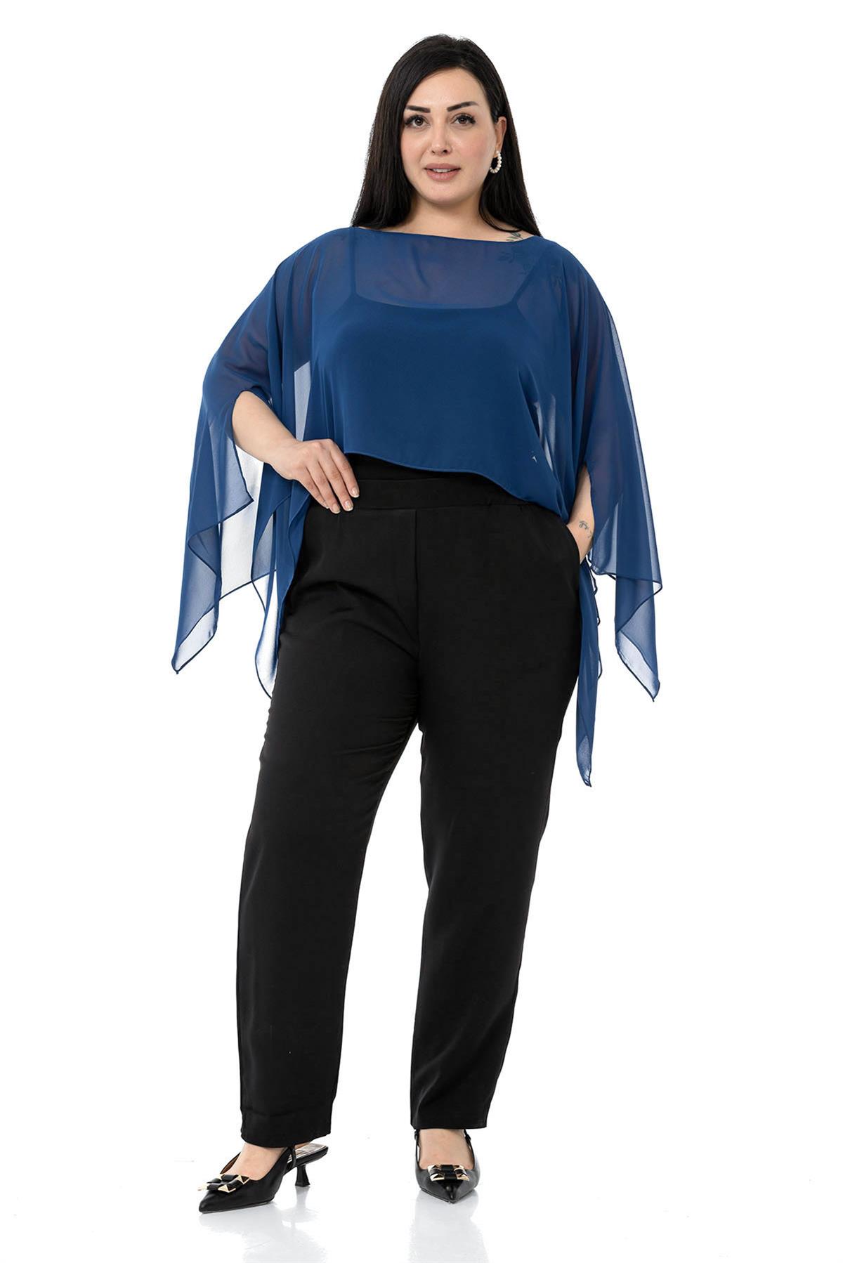 Plus Size Asymmetrical Cut Chiffon Navy Blue Cape Bolero