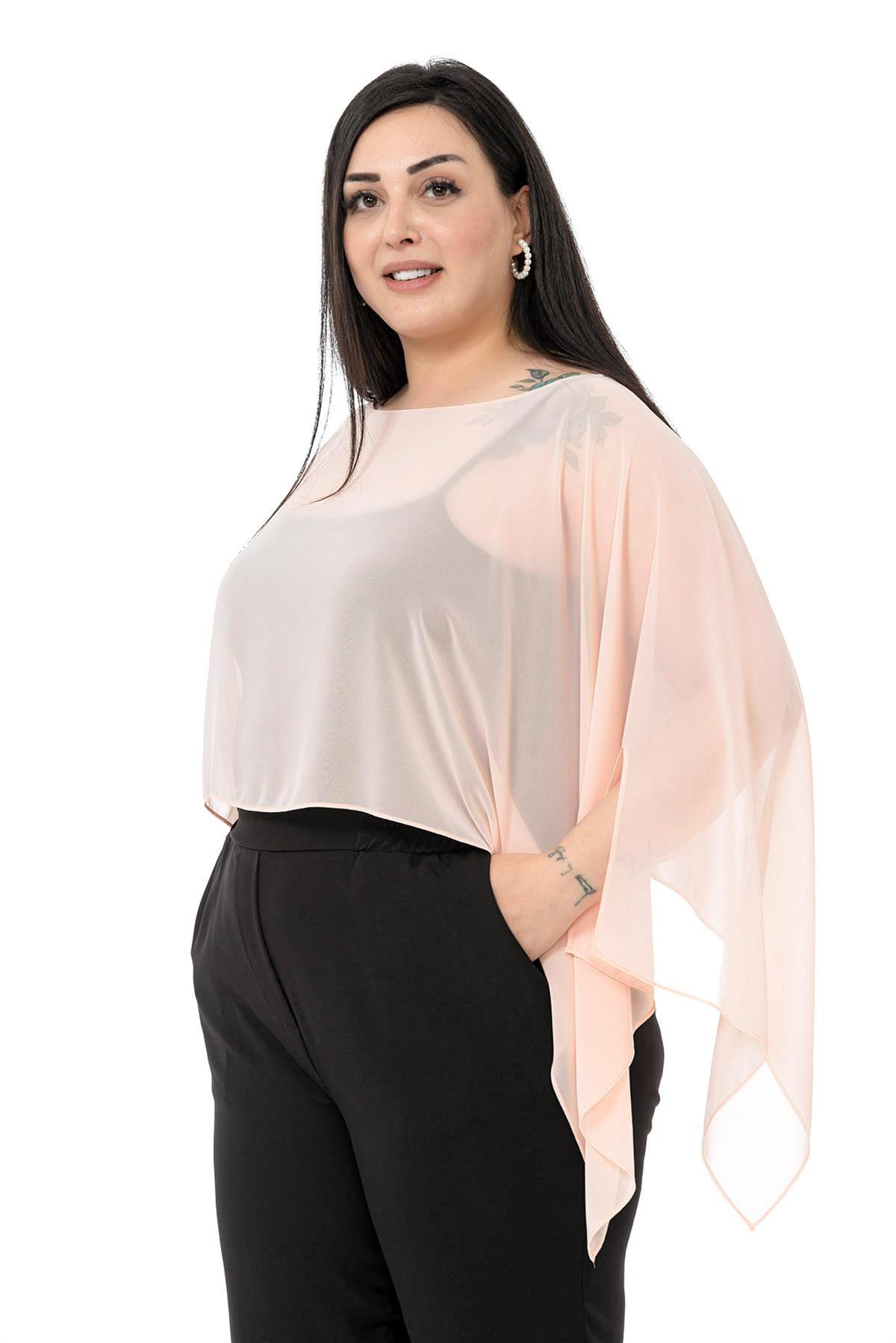 Plus Size Asymmetrical Cut Chiffon Light Pink Green Cape Bolero