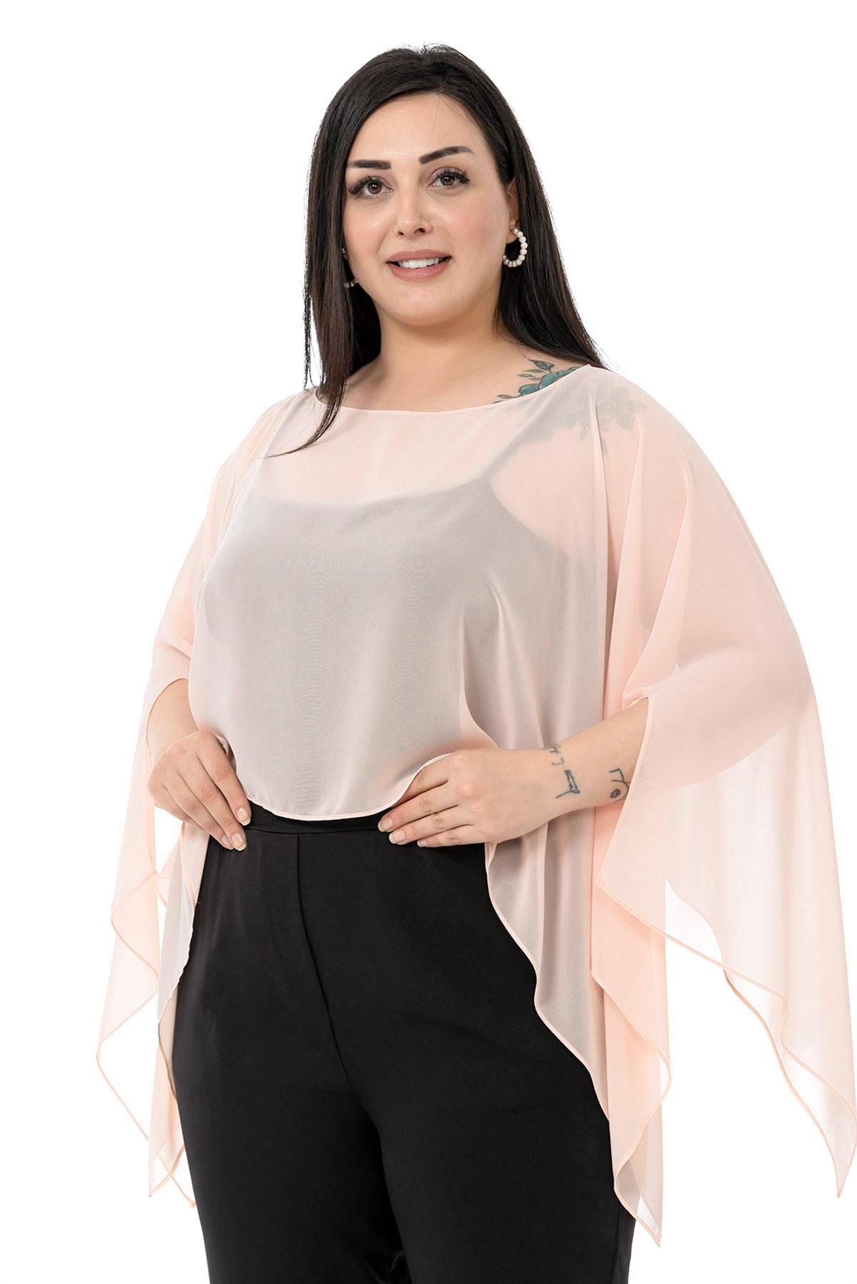 Plus Size Asymmetrical Cut Chiffon Light Pink Green Cape Bolero