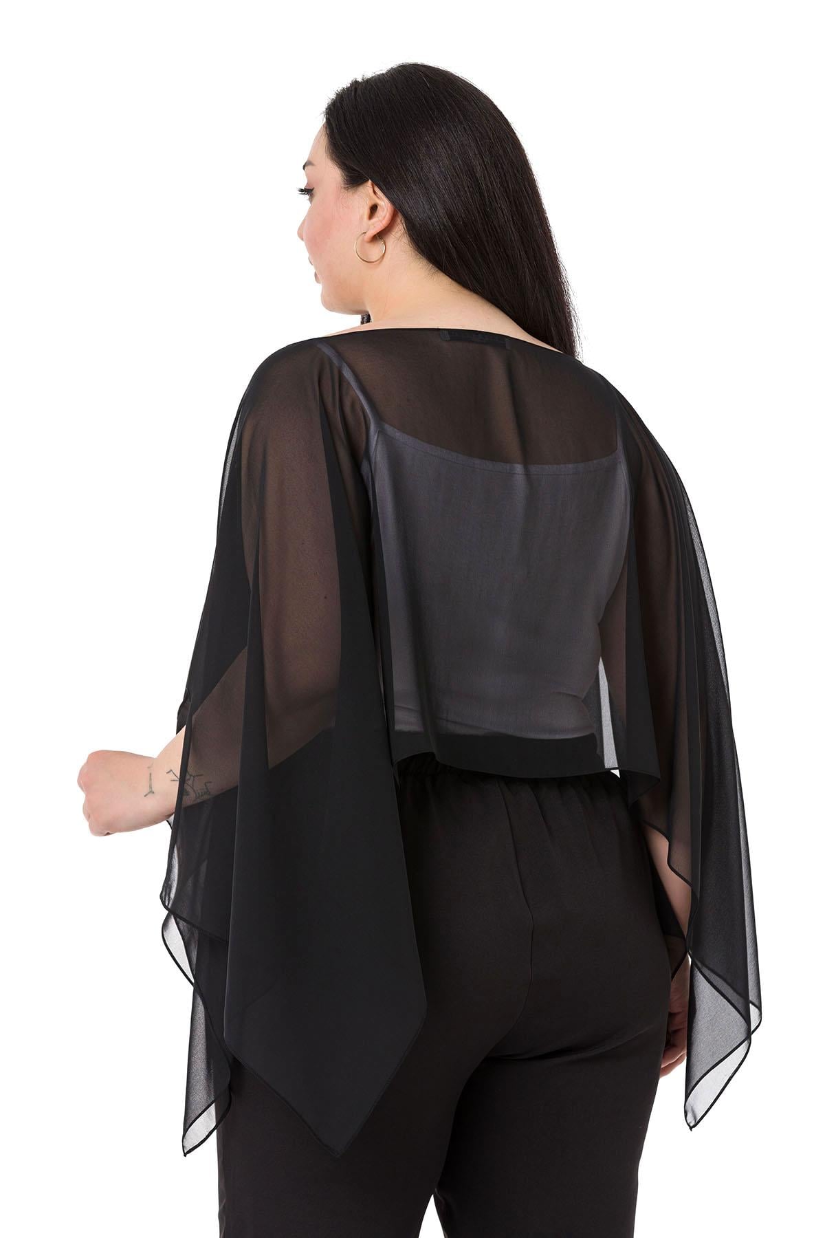 Büyük Beden Asimetrik Kesim Şifon Siyah Pelerin Bolero