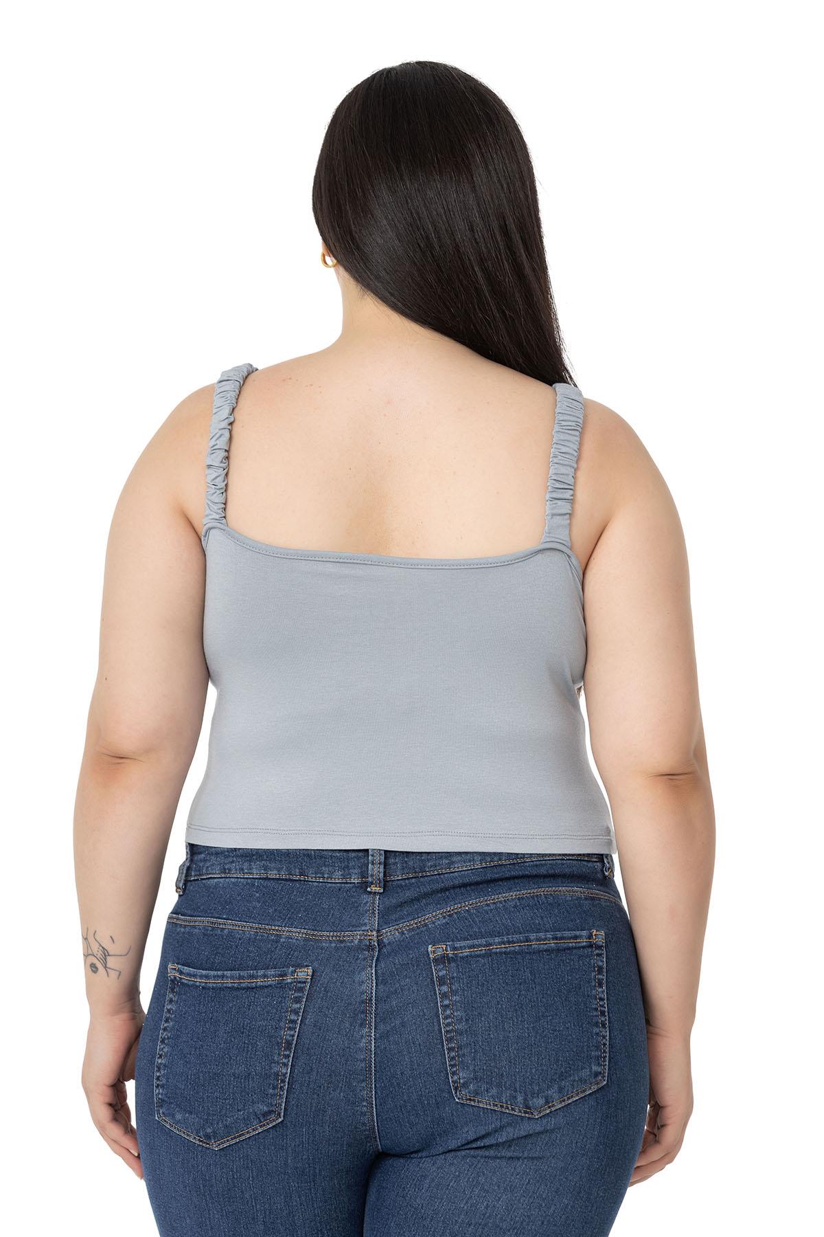 Büyük Beden Askıları Büzgülü Drapeli Crop Gri Body